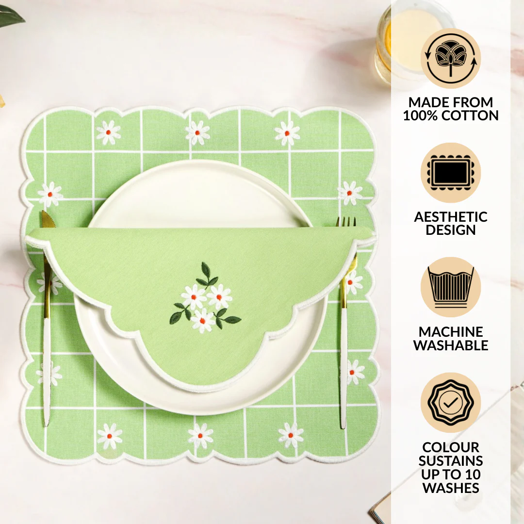 Pistachio Green Cotton Embroidered Table Napkin Set Of 6 - Image 2