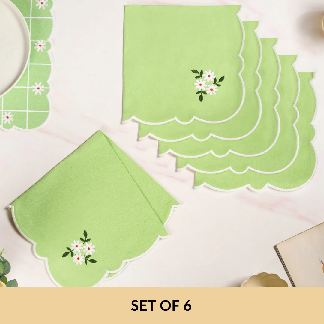 Pistachio Green Cotton Embroidered Table Napkin Set Of 6 - Image 4