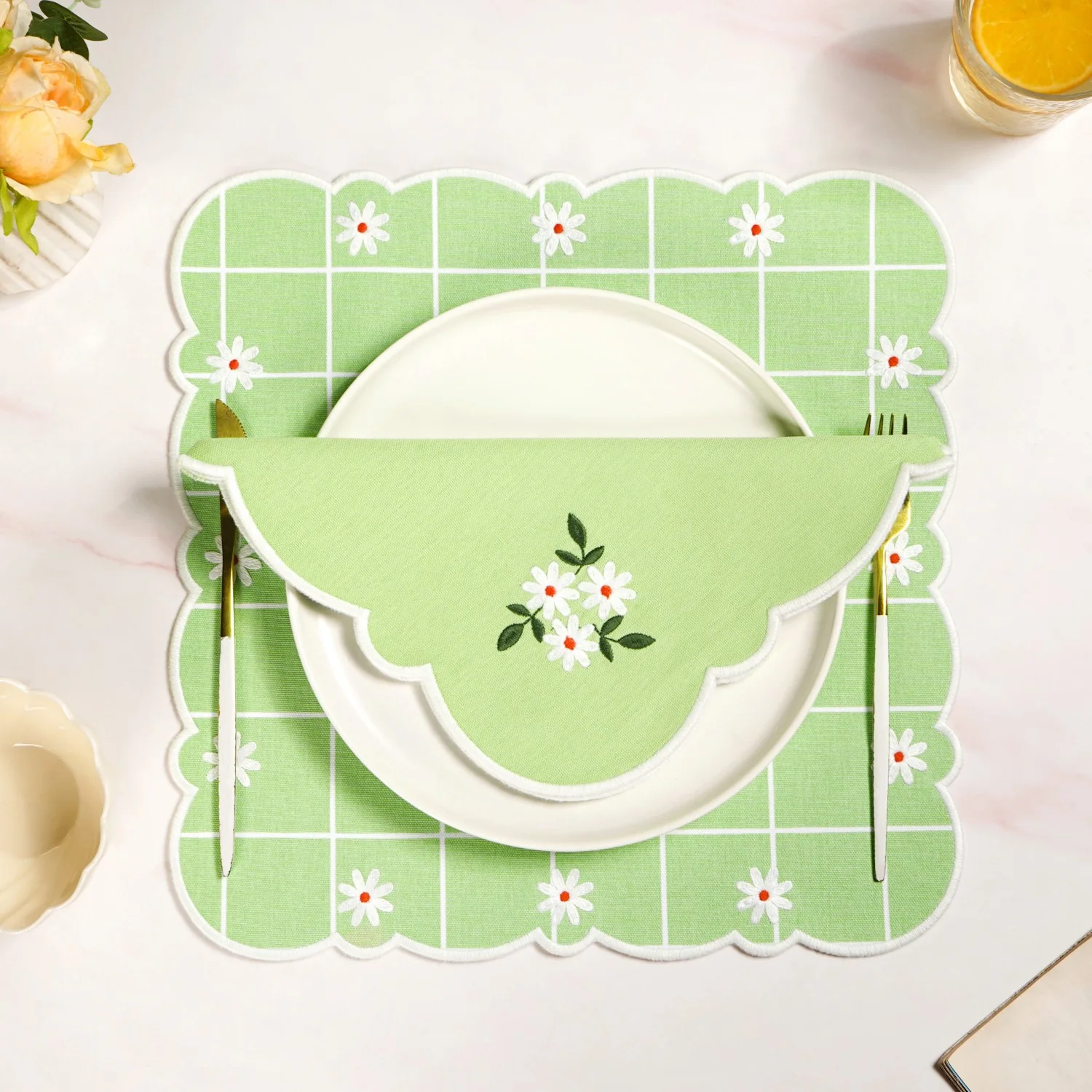 Pistachio Green Cotton Embroidered Table Napkin Set Of 6 - Image 7