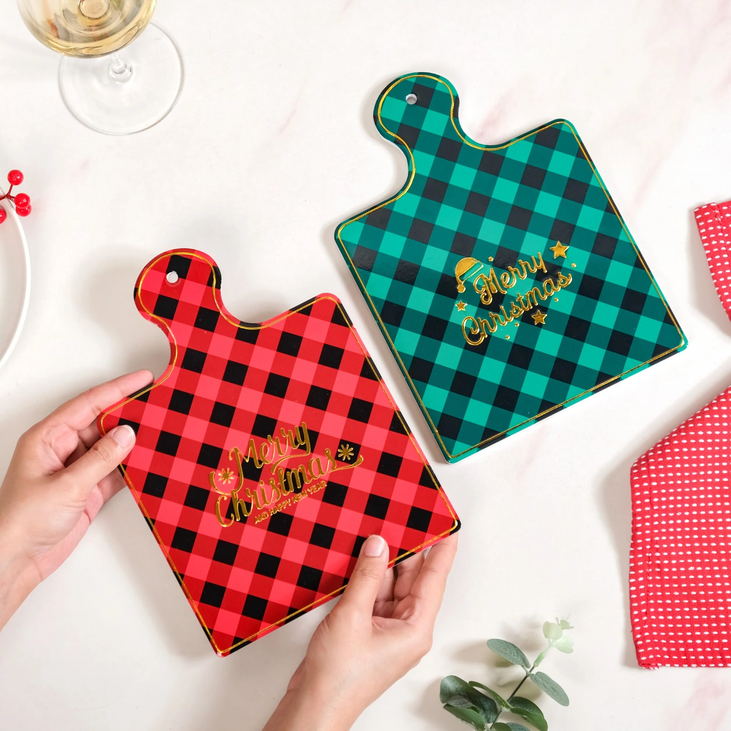Plaid Red Green Ceramic Serving Platter Set Of 2 24x17cm - Image 3
