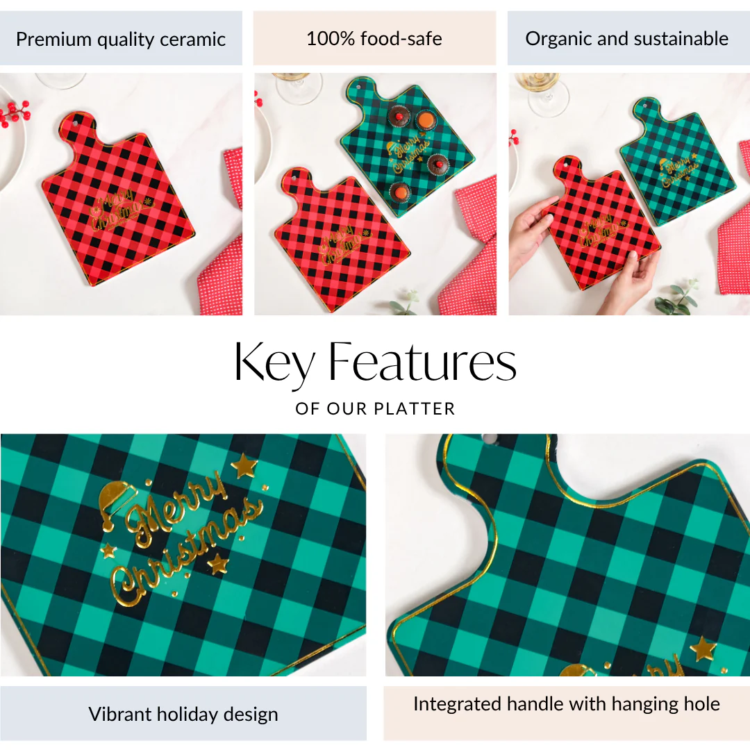 Plaid Red Green Ceramic Serving Platter Set Of 2 24x17cm - Image 5