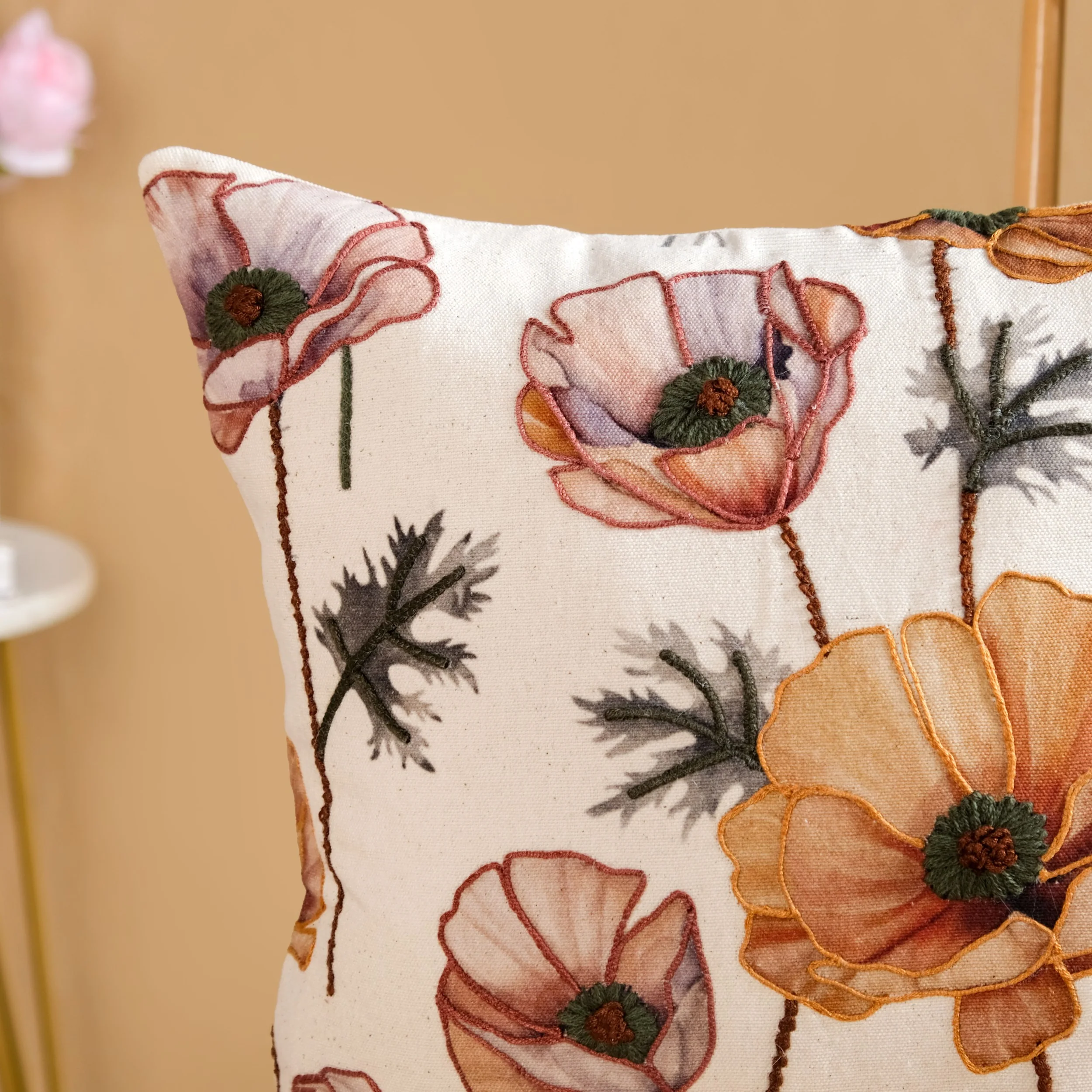 Poppy Flower Cotton Embroidered Cushion Cover 40x40cm - Image 2