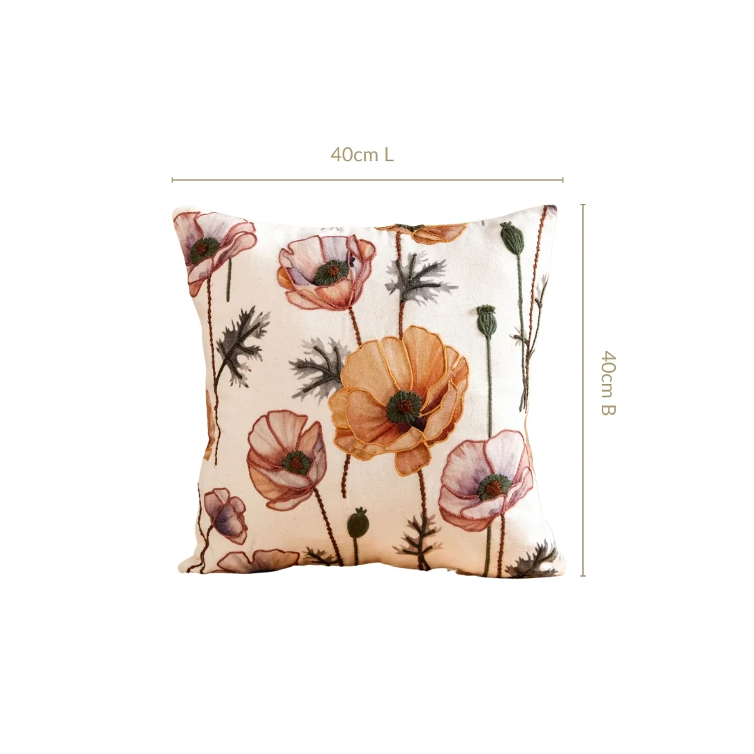 Poppy Flower Cotton Embroidered Cushion Cover 40x40cm - Image 3