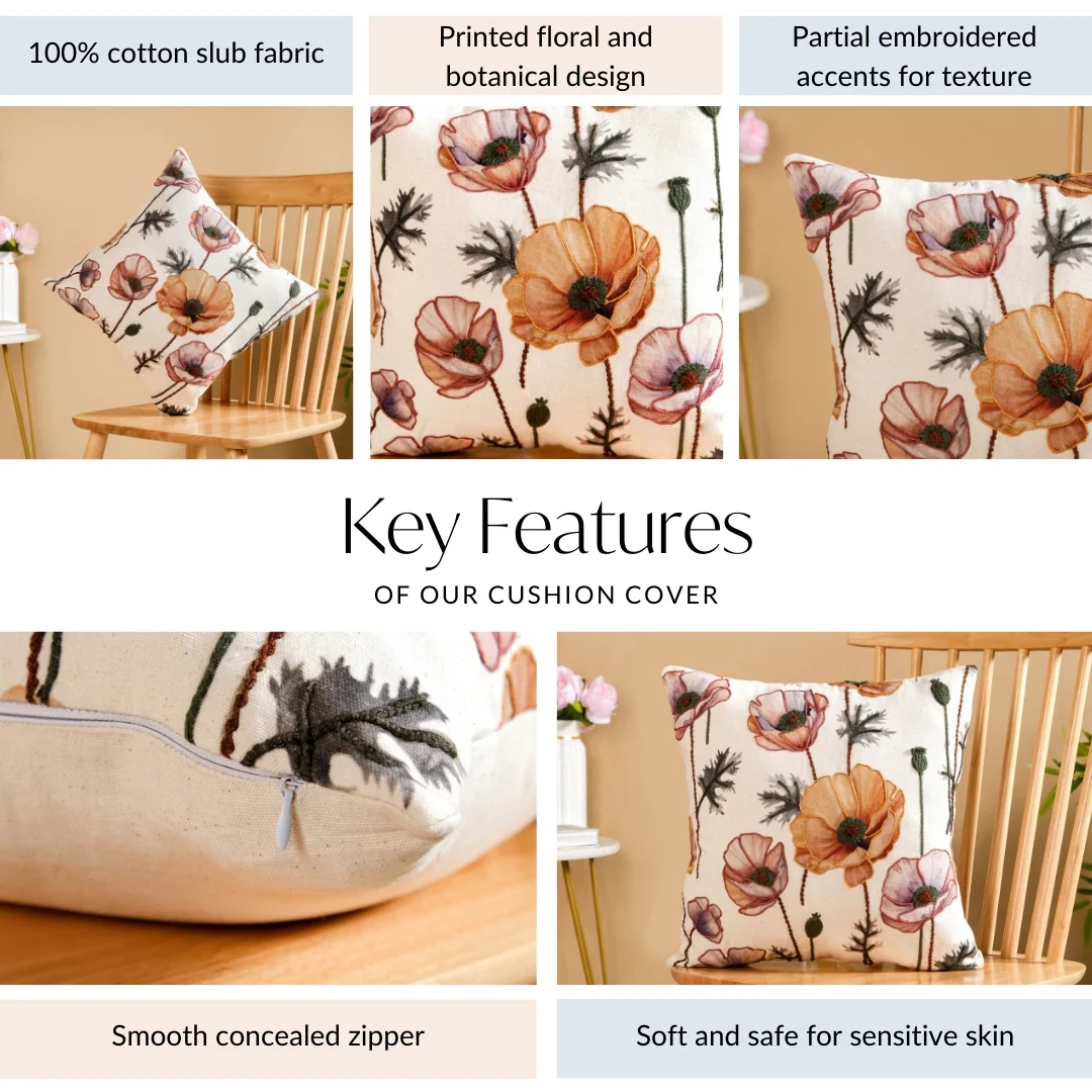 Poppy Flower Cotton Embroidered Cushion Cover 40x40cm - Image 4