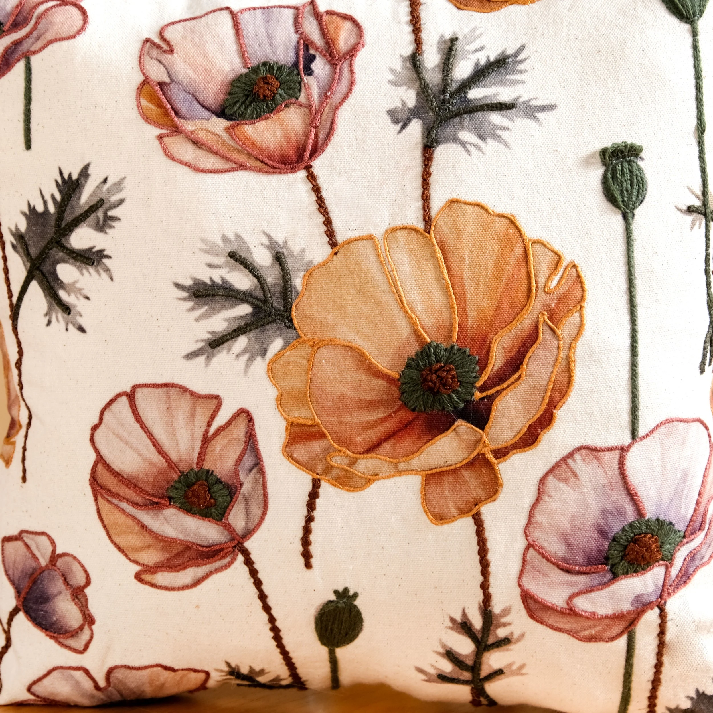 Poppy Flower Cotton Embroidered Cushion Cover 40x40cm - Image 6