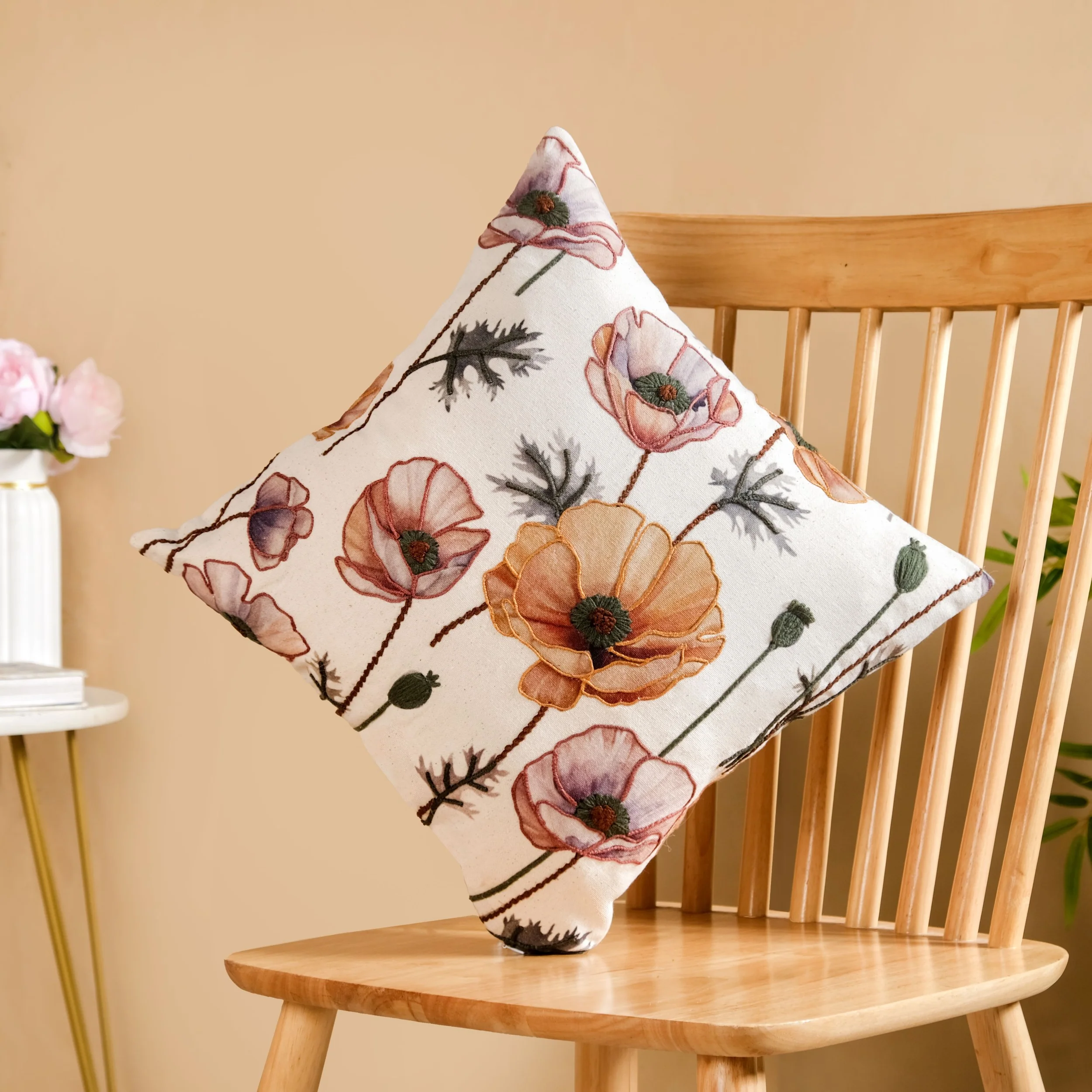 Poppy Flower Cotton Embroidered Cushion Cover 40x40cm - Image 8