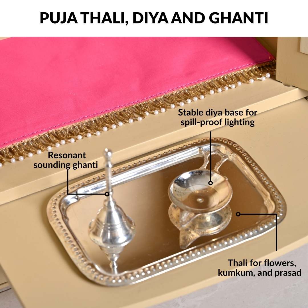 Prarthana Puja Mandir Medium With Ghungroo Chain Aasan Puja Thali Diya And Ghanti Set - Image 7