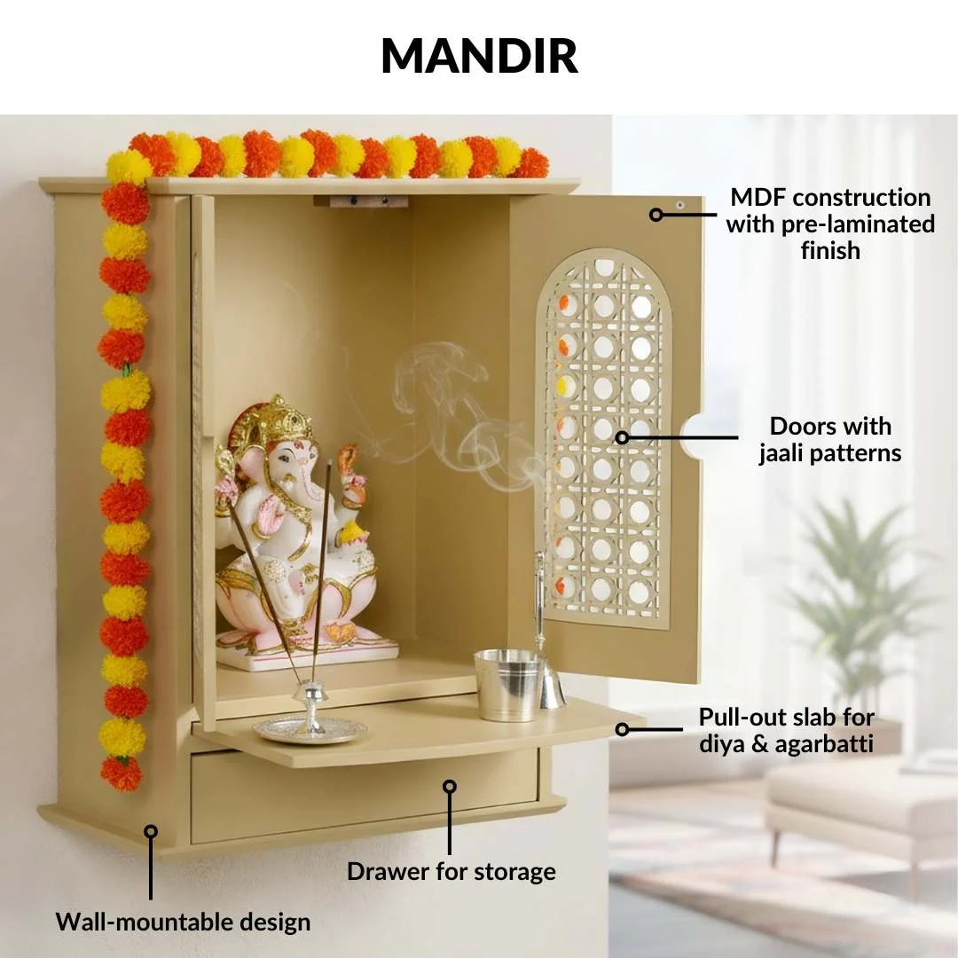 Prarthana Puja Mandir Medium With Ghungroo Chain Aasan Puja Thali Diya And Ghanti Set - Image 9