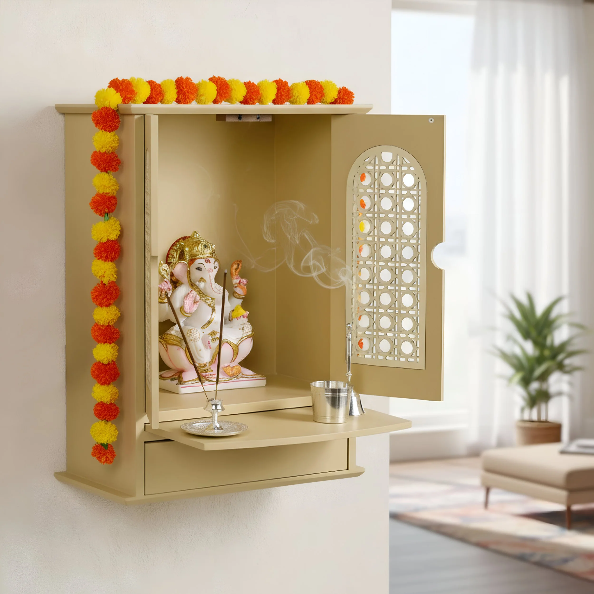 Prarthana Wooden Puja Mandir For Home And Office Medium 33x17x43cm - Image 9