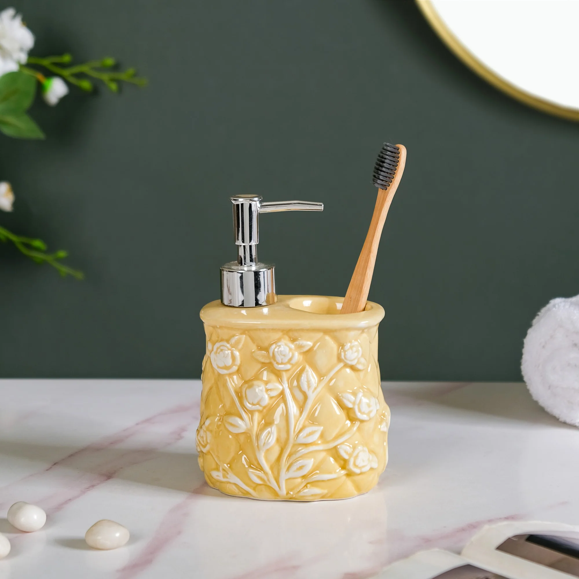 Premium Ceramic Soap Dispenser With Toothbrush Holder Yellow - Image 3