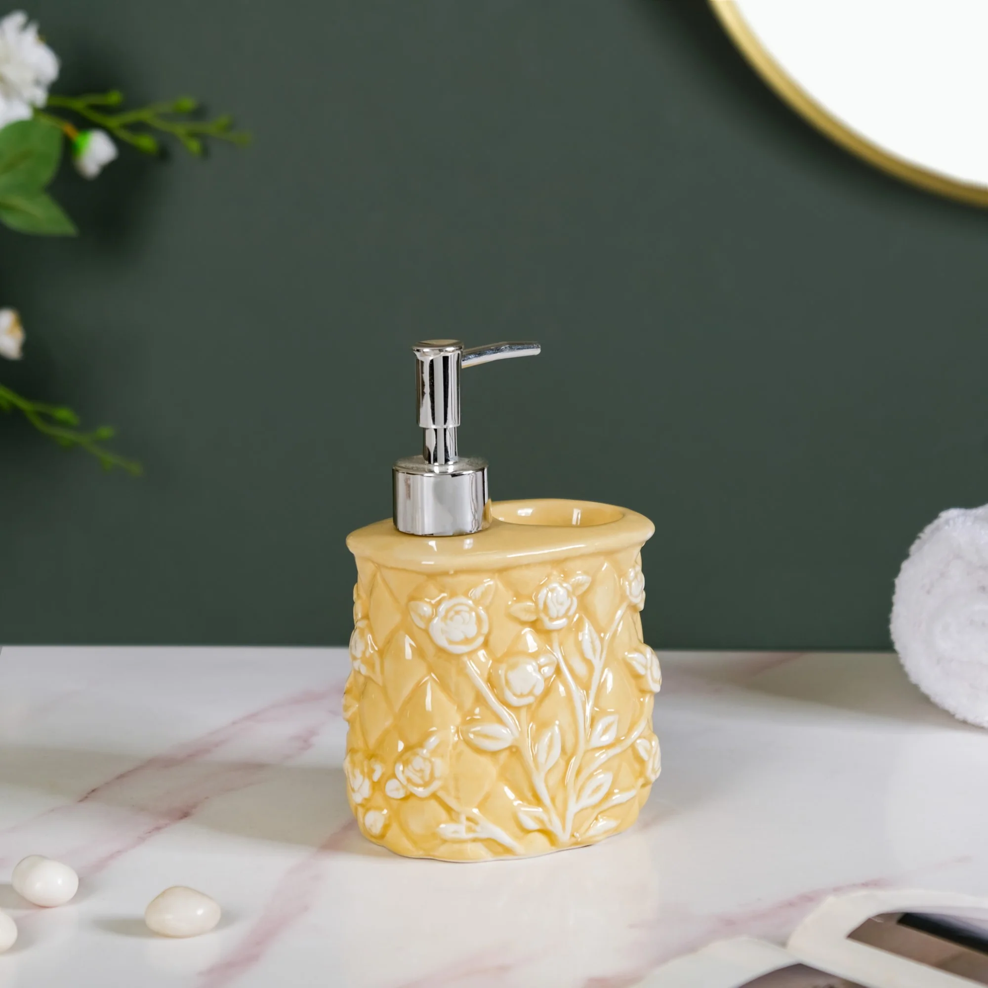 Premium Ceramic Soap Dispenser With Toothbrush Holder Yellow - Image 6