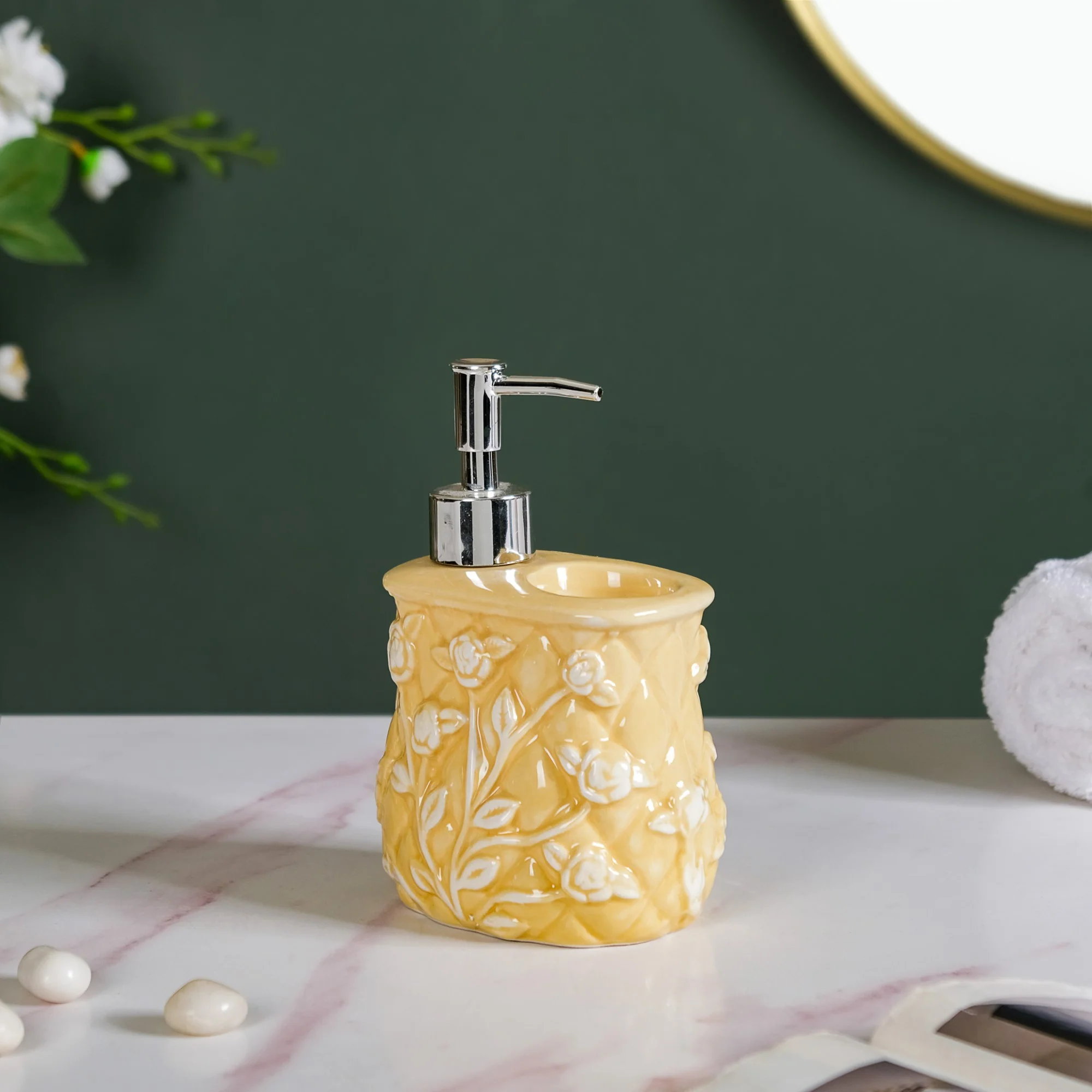 Premium Ceramic Soap Dispenser With Toothbrush Holder Yellow - Image 7