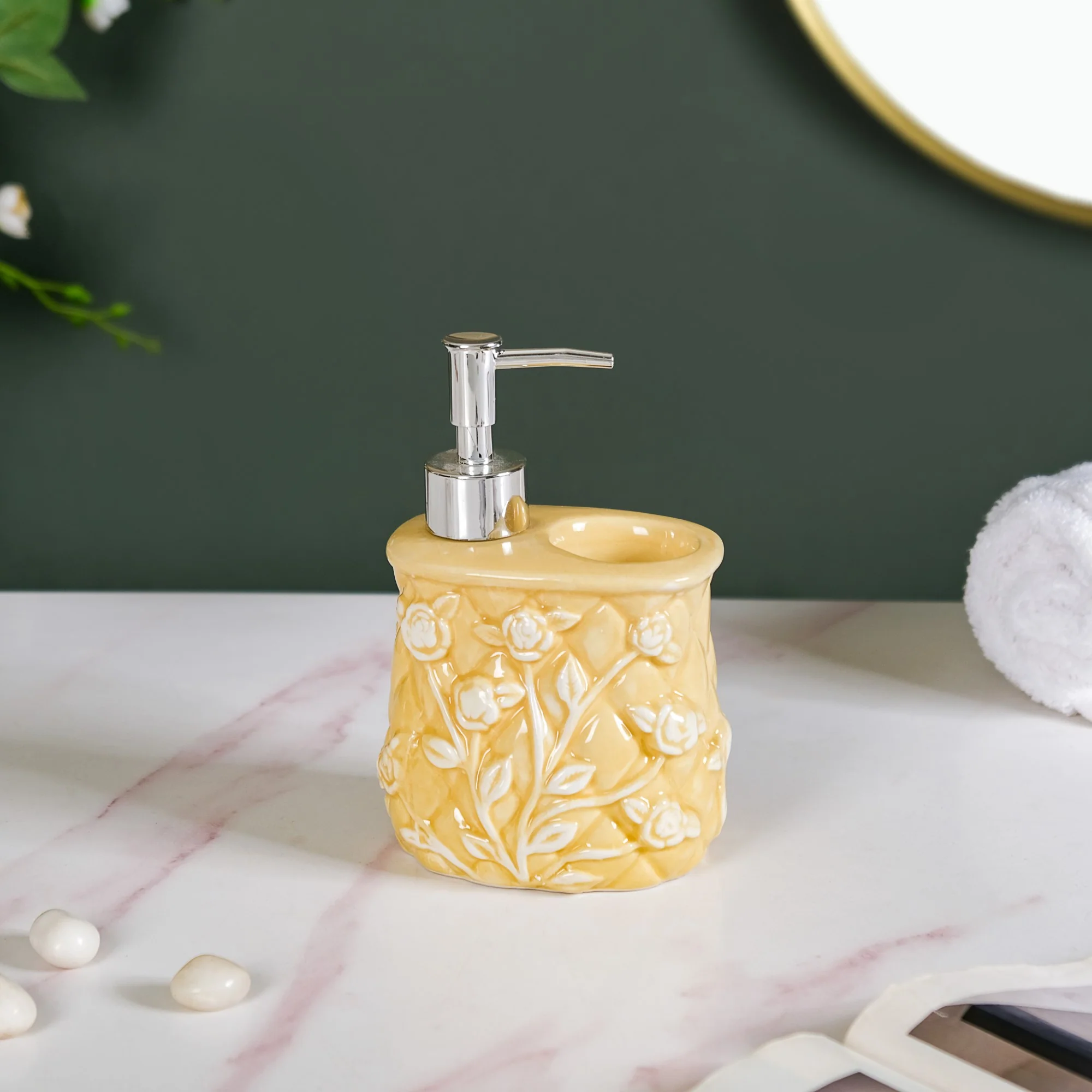 Premium Ceramic Soap Dispenser With Toothbrush Holder Yellow - Image 8