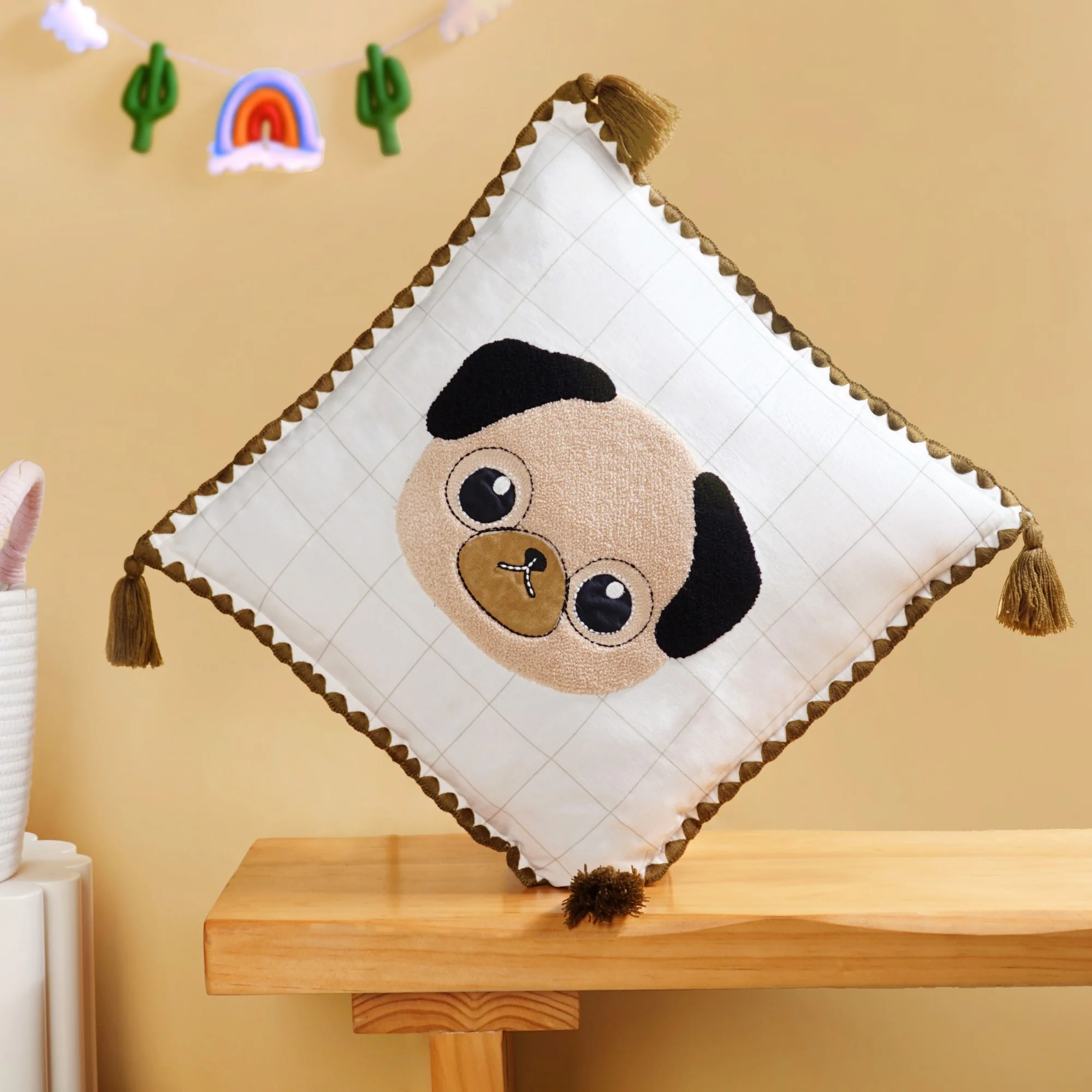 Pug Embroidered Cotton Kids Cushion Cover 42x42cm - Image 2