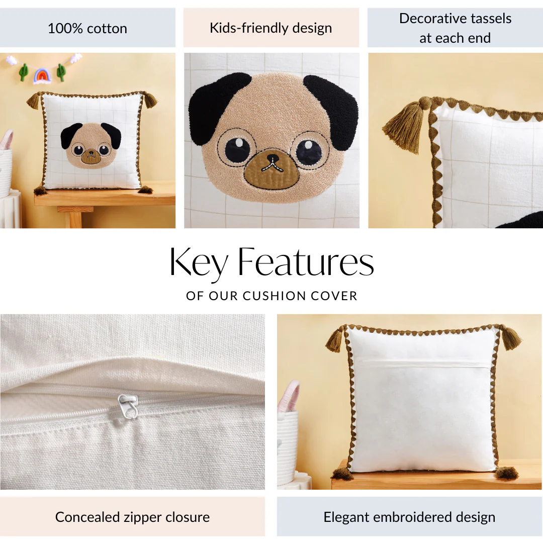 Pug Embroidered Cotton Kids Cushion Cover 42x42cm - Image 4
