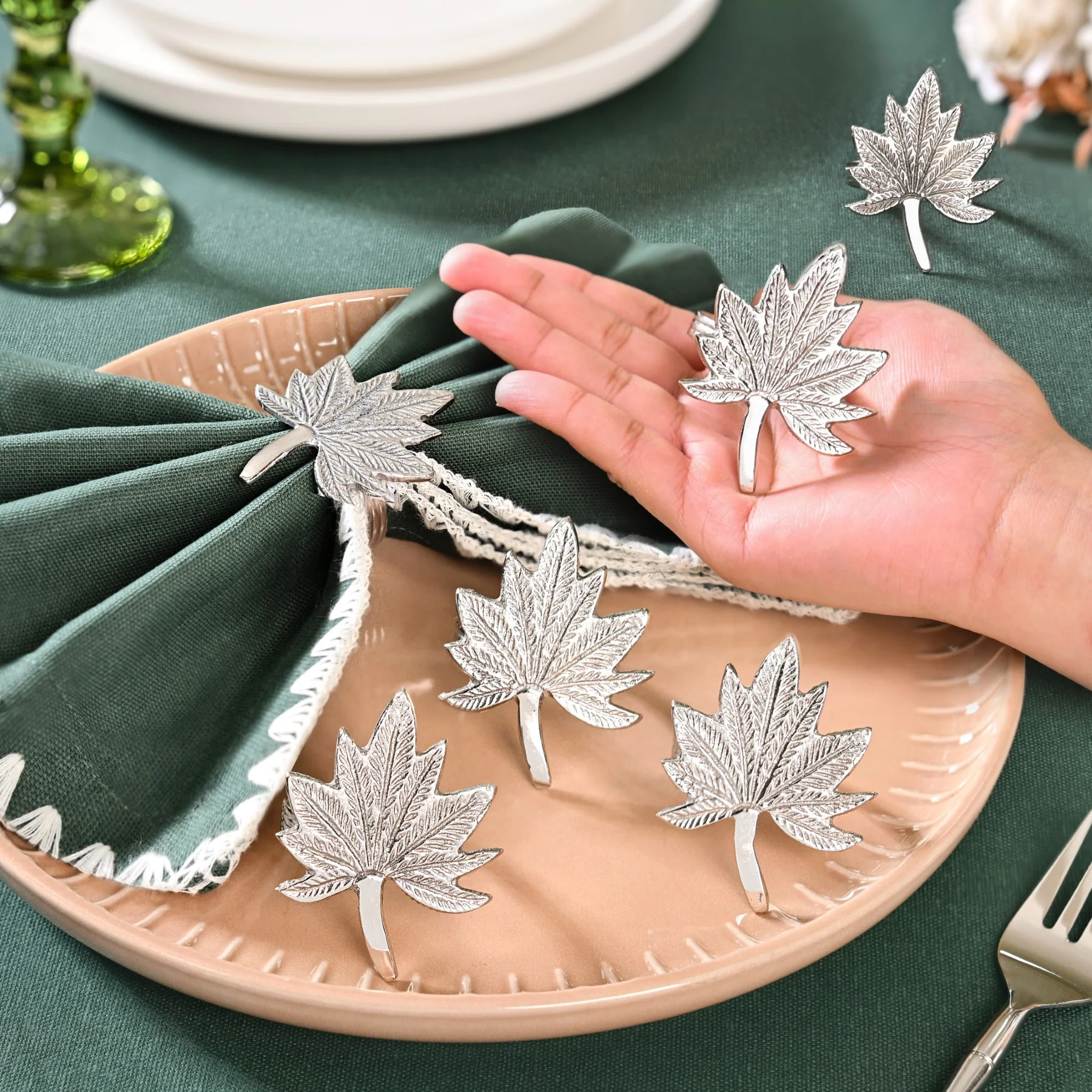 Pure Brass Leaf Inspired Napkin Ring Set Of 6 Silver - Image 2
