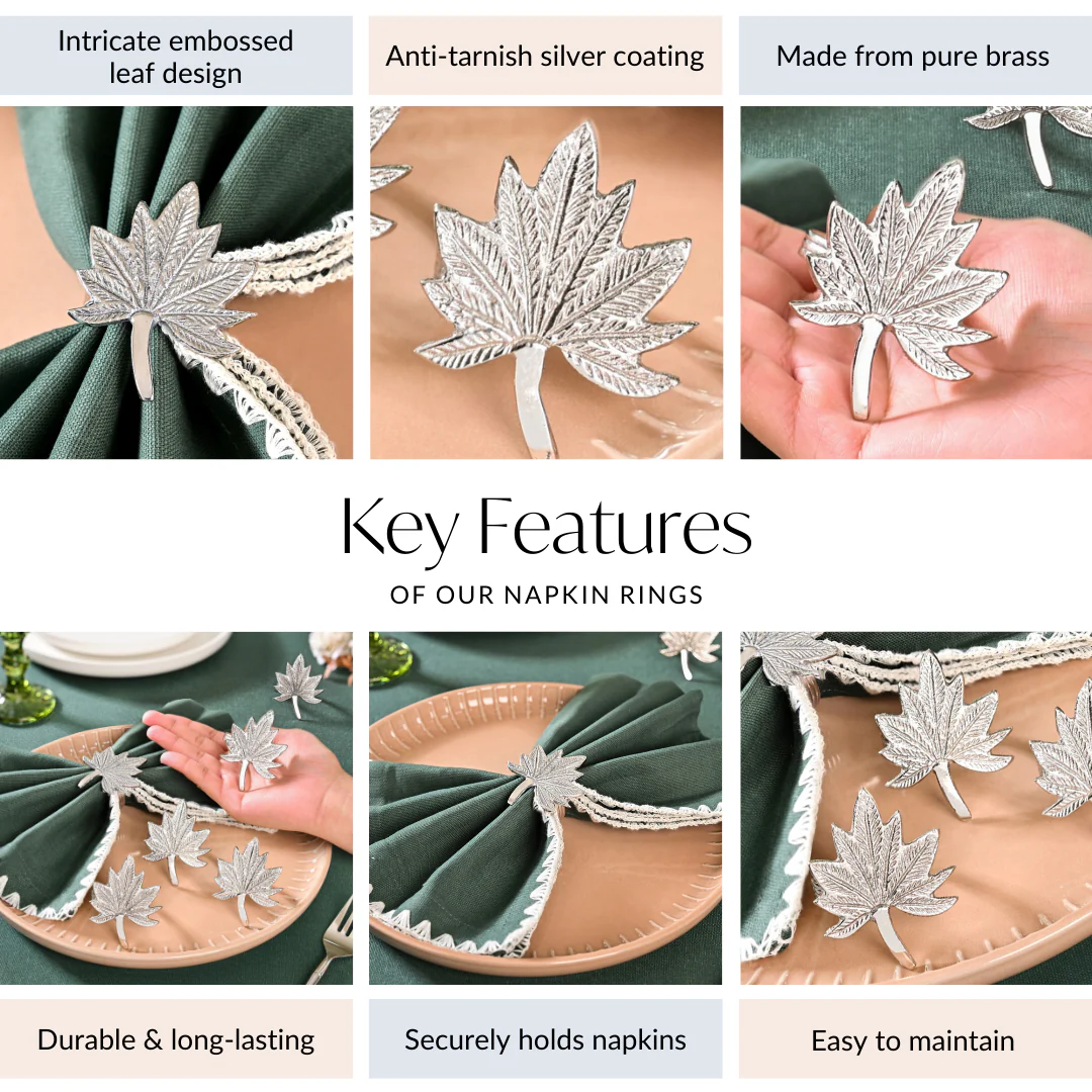 Pure Brass Leaf Inspired Napkin Ring Set Of 6 Silver - Image 4