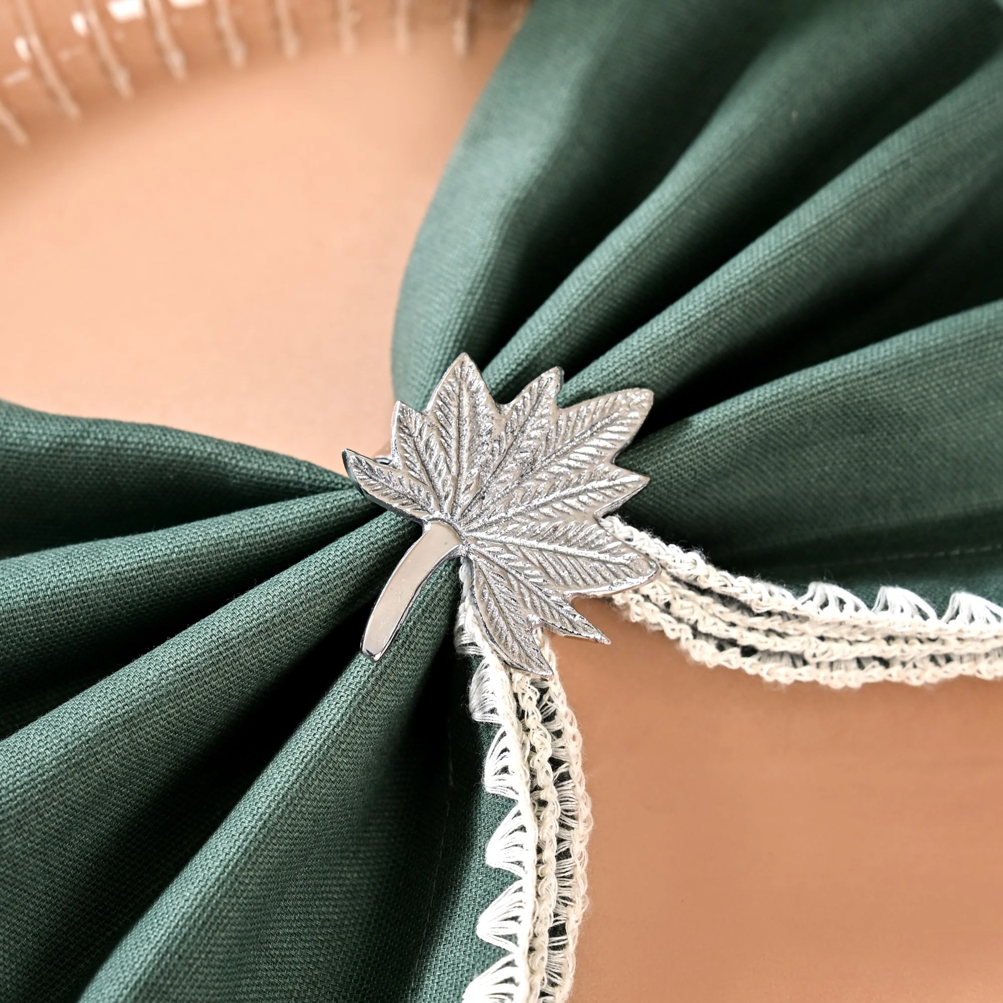 Pure Brass Leaf Inspired Napkin Ring Set Of 6 Silver - Image 5