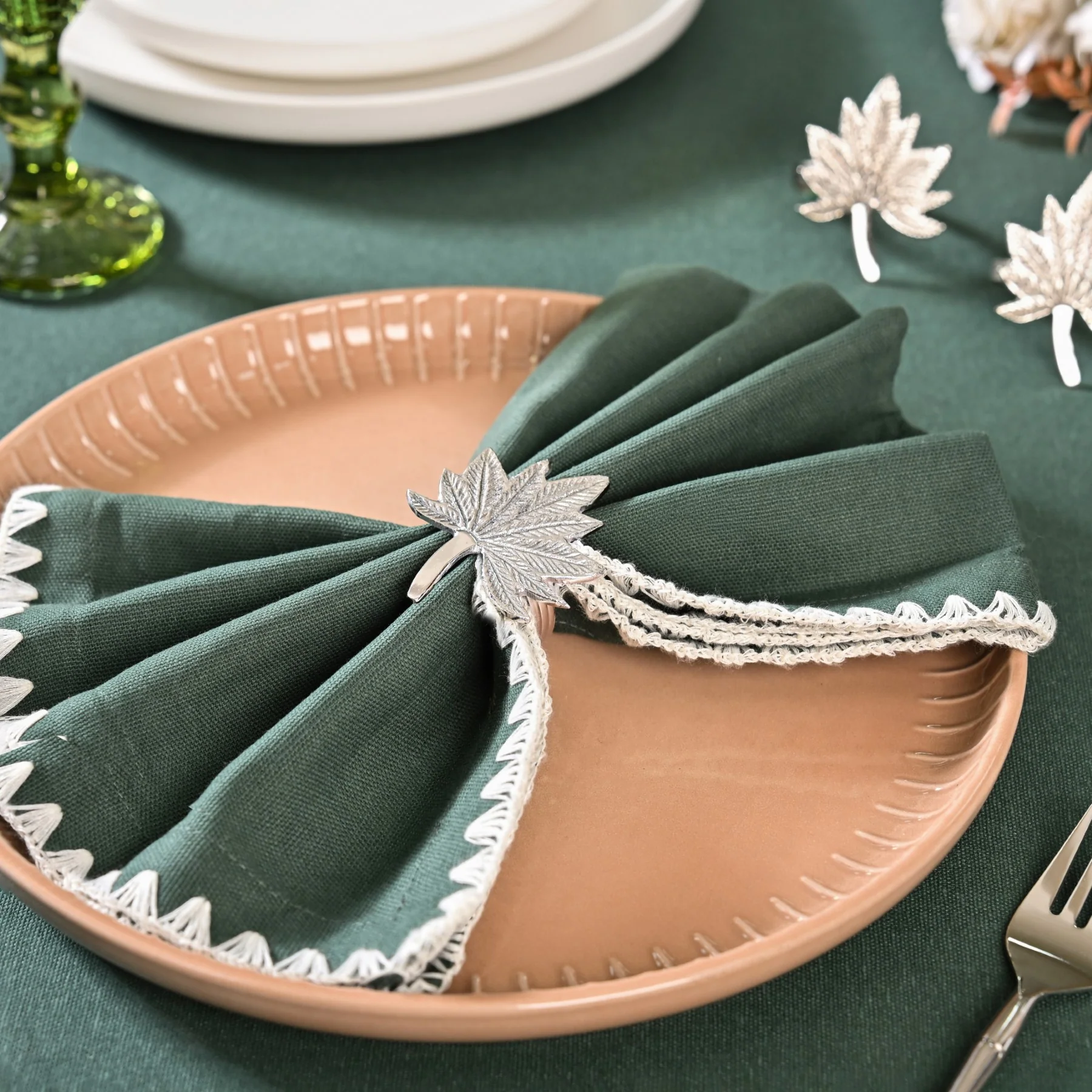 Pure Brass Leaf Inspired Napkin Ring Set Of 6 Silver - Image 7