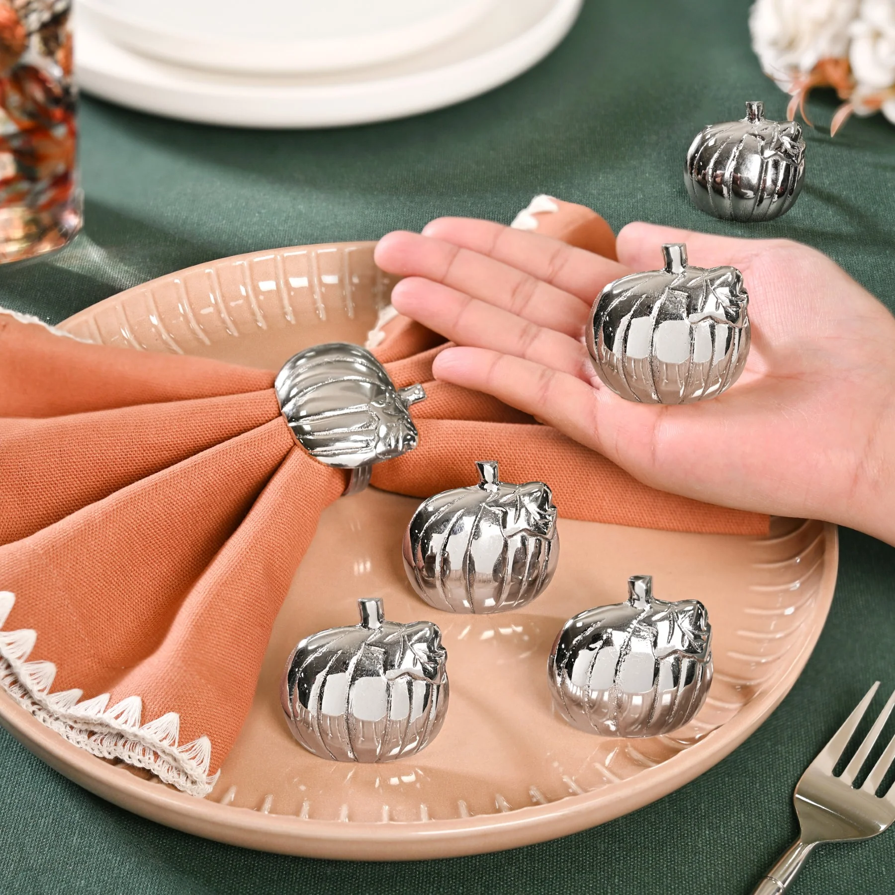Pure Brass Pumpkin Napkin Ring Set Of 6 Silver - Image 2
