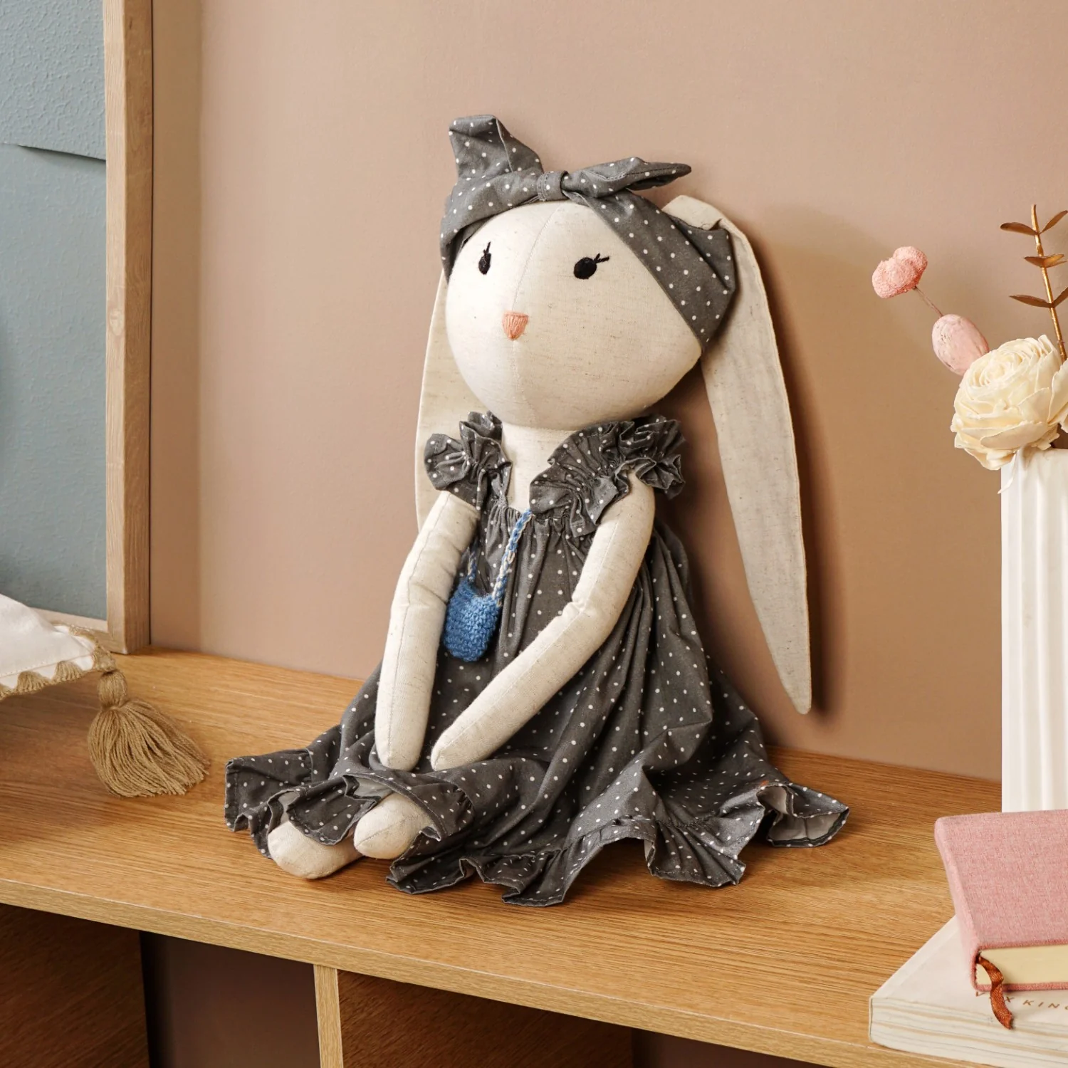 Rabbit Plushie Soft Toy With Blue Satchel For Kids - Image 2