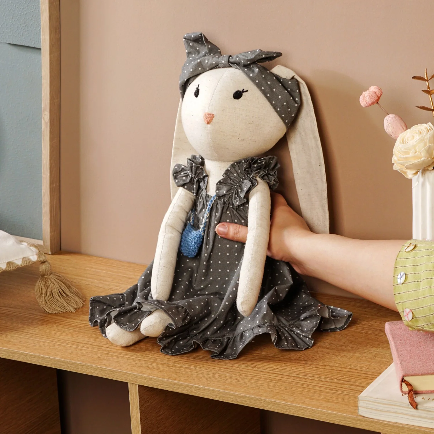 Rabbit Plushie Soft Toy With Blue Satchel For Kids - Image 3