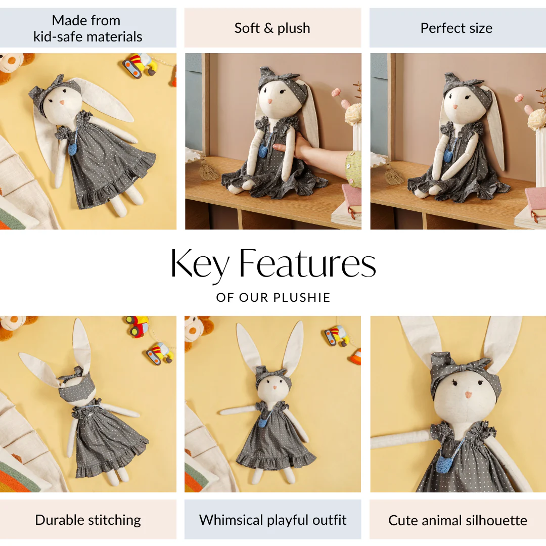 Rabbit Plushie Soft Toy With Blue Satchel For Kids - Image 5