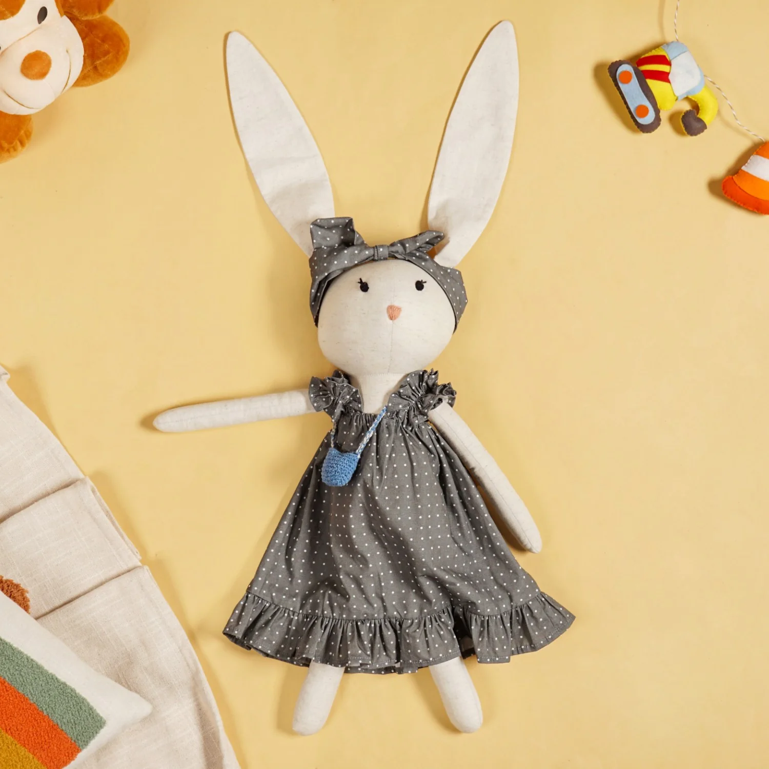 Rabbit Plushie Soft Toy With Blue Satchel For Kids - Image 7