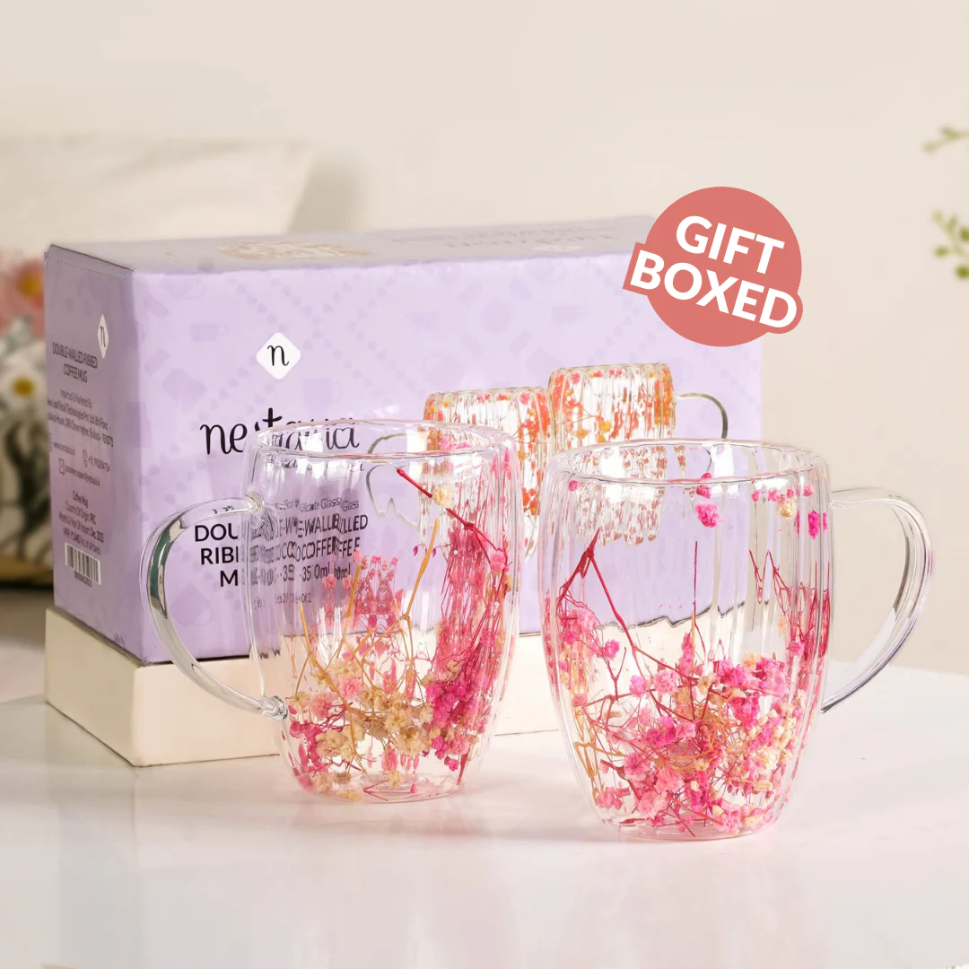 Real Pink Flowers Ribbed Double Walled Mug Set Of 2 350ml - Image 2
