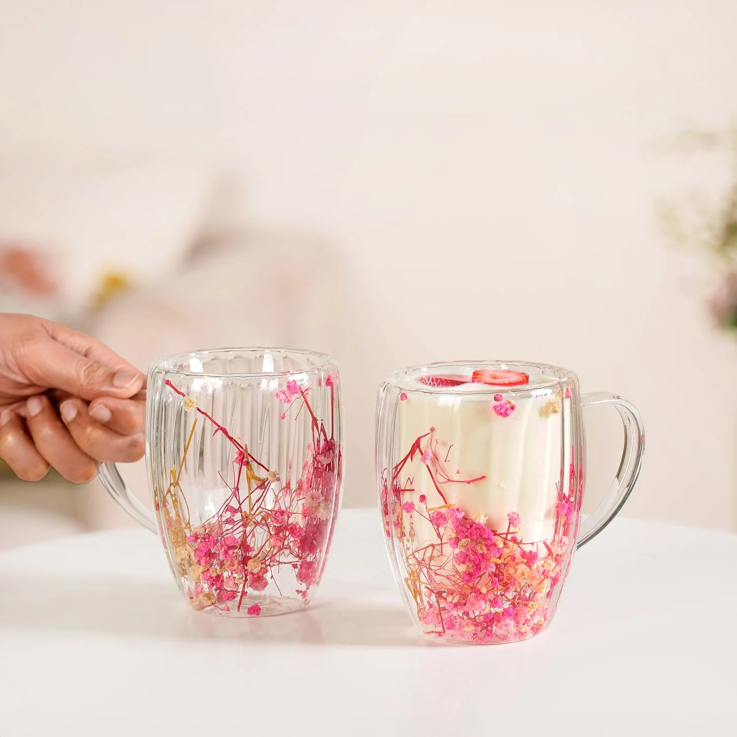 Real Pink Flowers Ribbed Double Walled Mug Set Of 2 350ml - Image 3