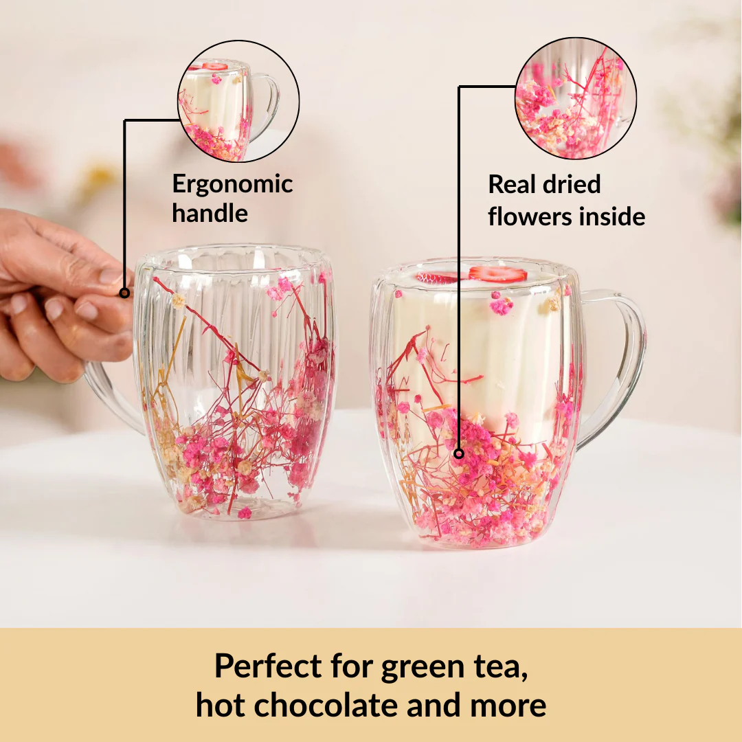 Real Pink Flowers Ribbed Double Walled Mug Set Of 2 350ml - Image 5