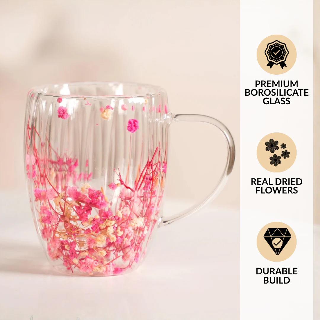 Real Pink Flowers Ribbed Double Walled Mug Set Of 2 350ml - Image 7