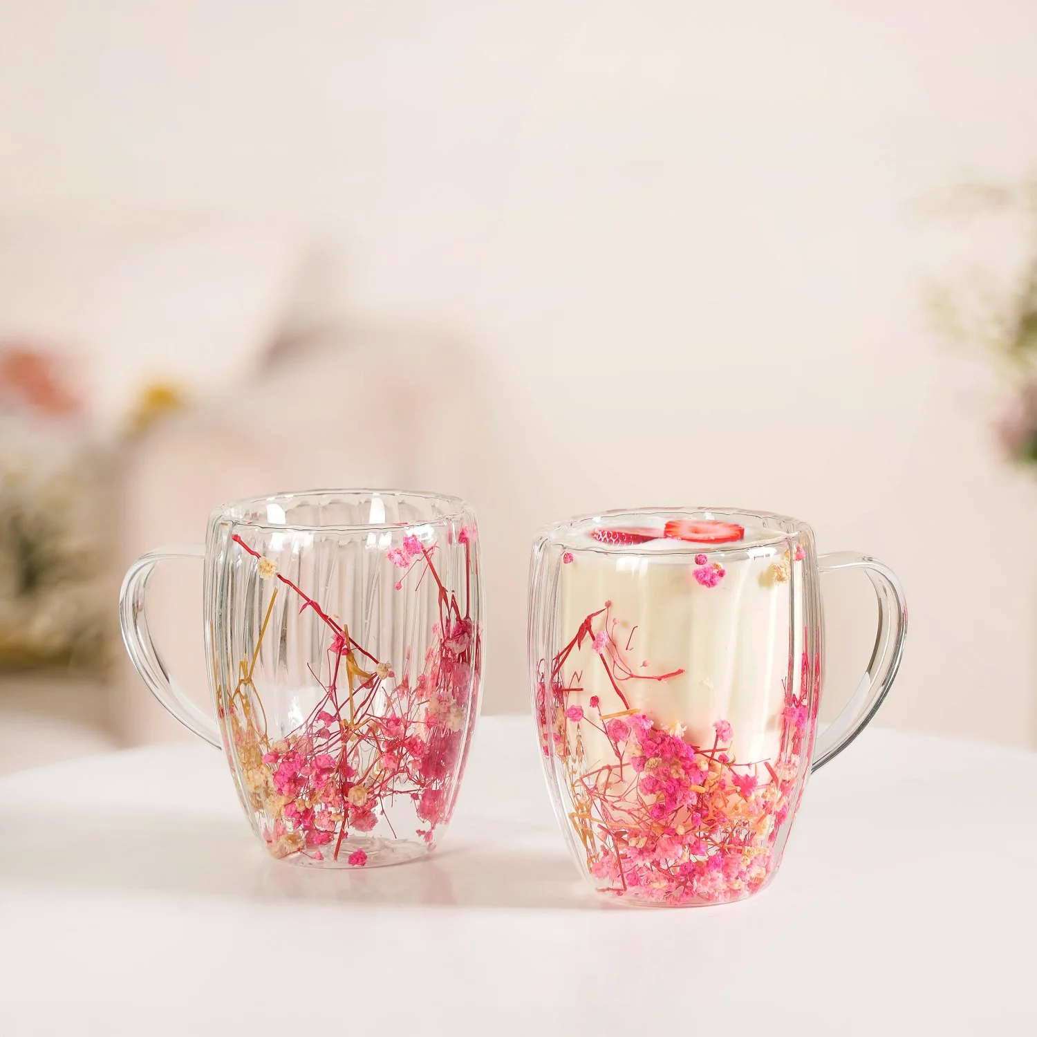 Real Pink Flowers Ribbed Double Walled Mug Set Of 2 350ml - Image 9