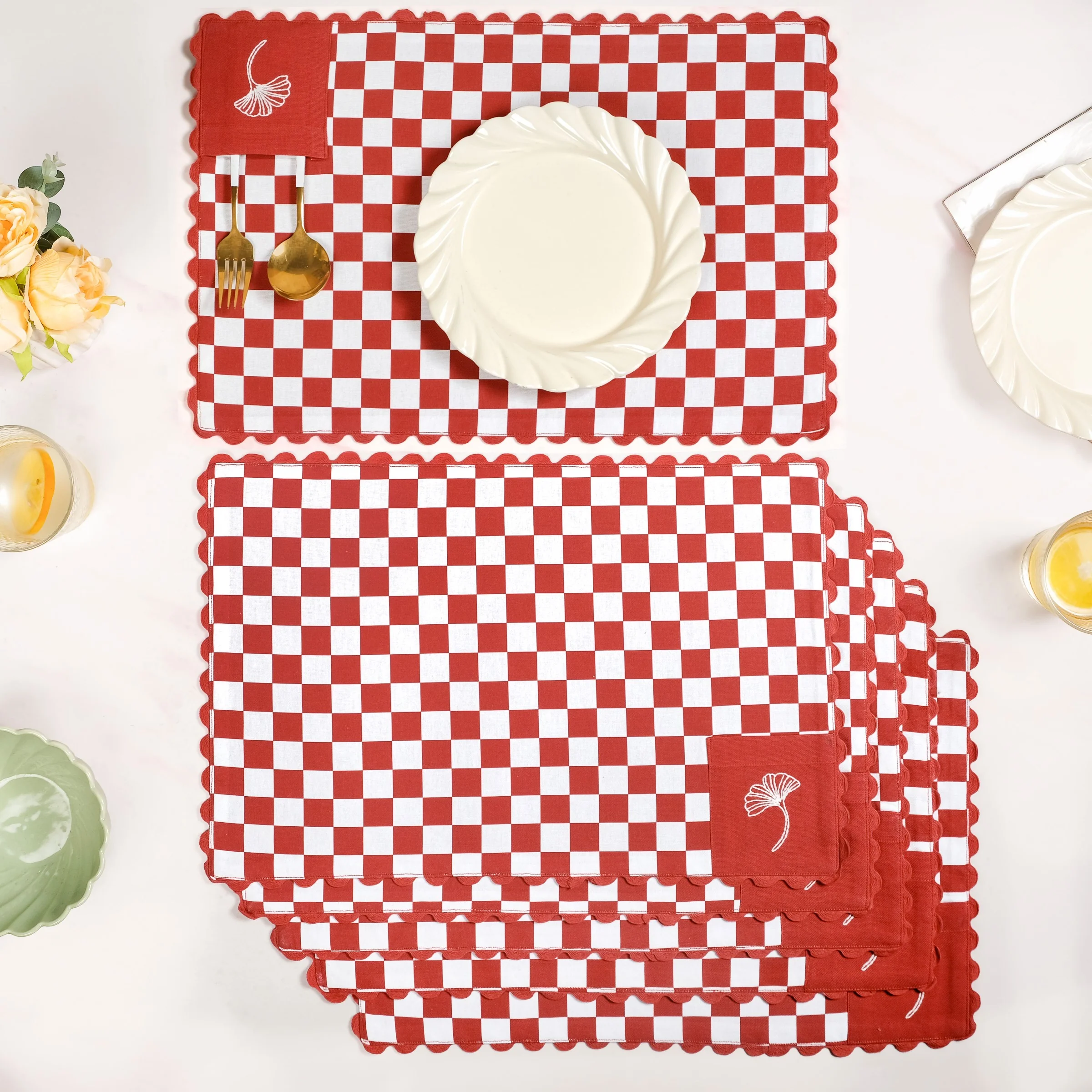 Retro Cotton Embroidered Table Mat Red Set Of 6 - Image 2