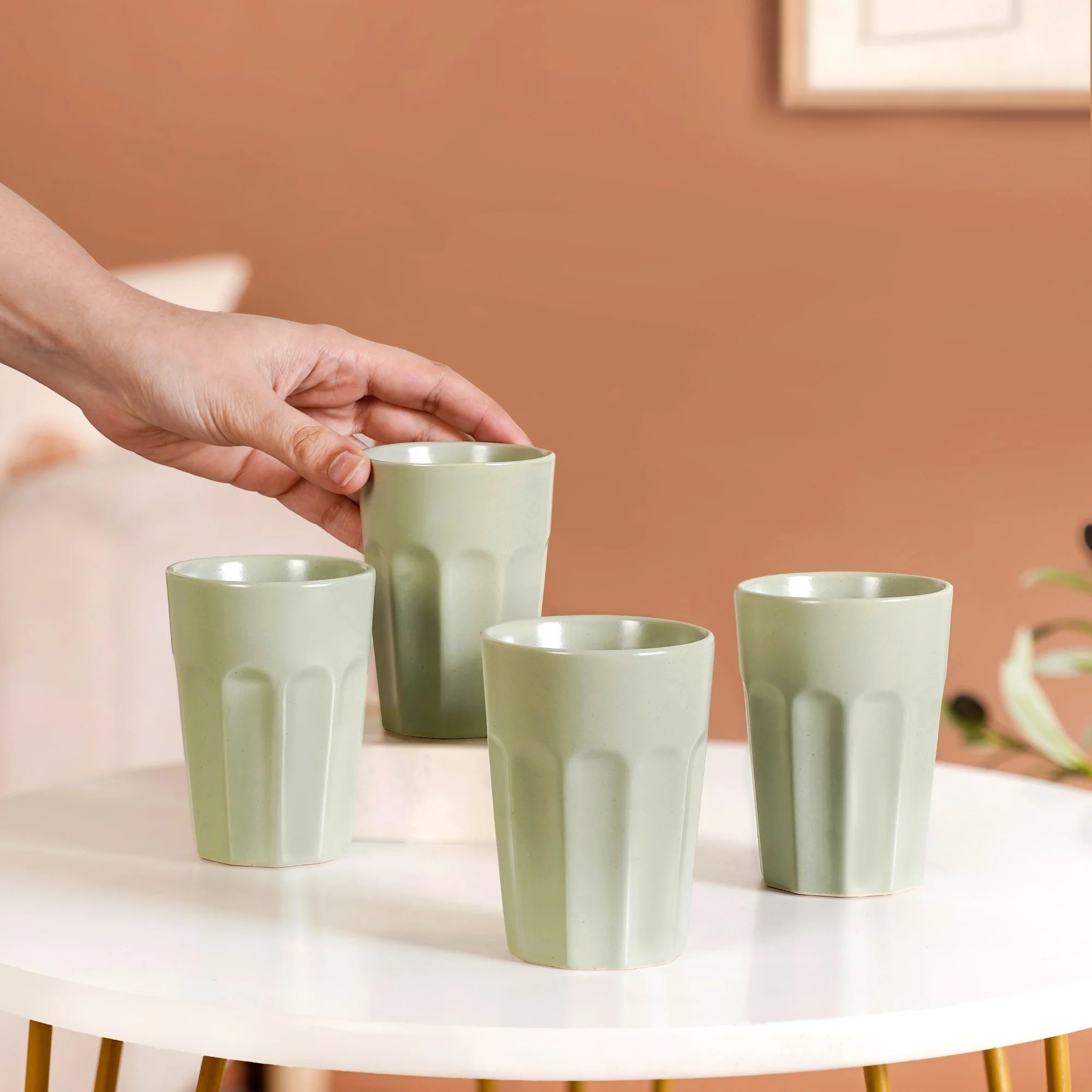 Retro Fluted Tumbler Small Set Of 4 Sage Green 200ml - Image 3