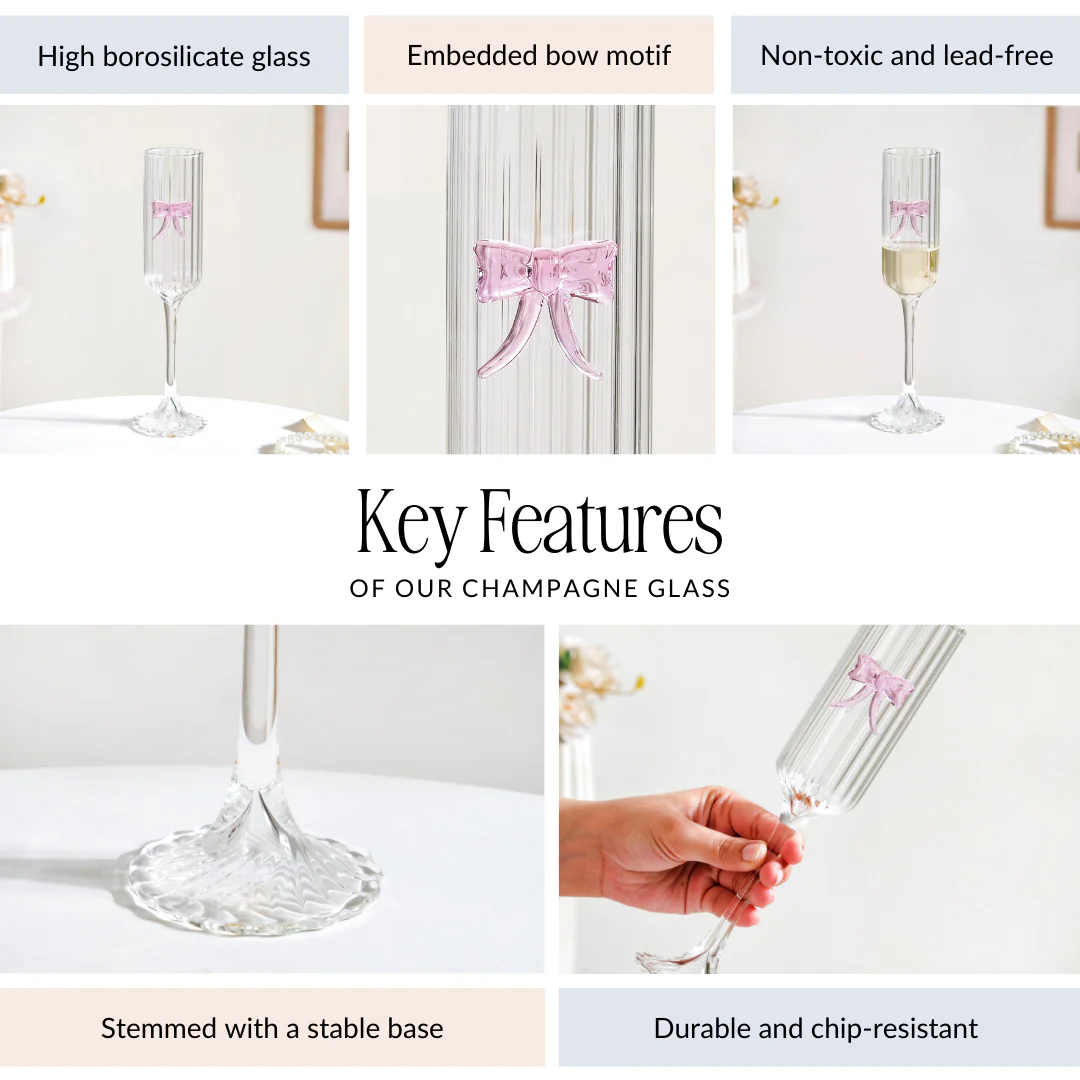 Ribbed Champagne Glass With Pink Glass Bow 200ml - Image 7