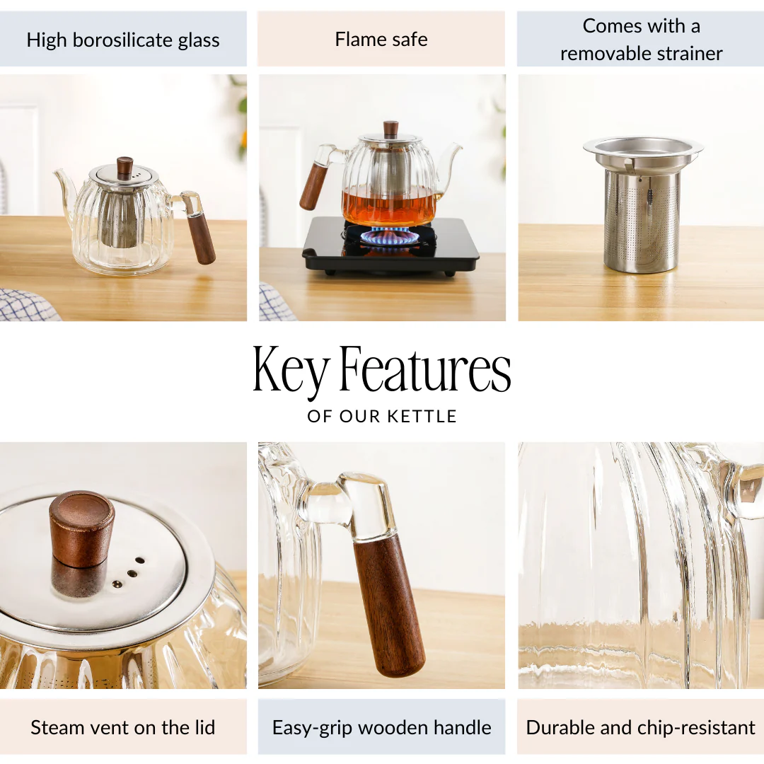 Ribbed Flame Safe Borosilicate Glass Kettle With Strainer 800ml - Image 4