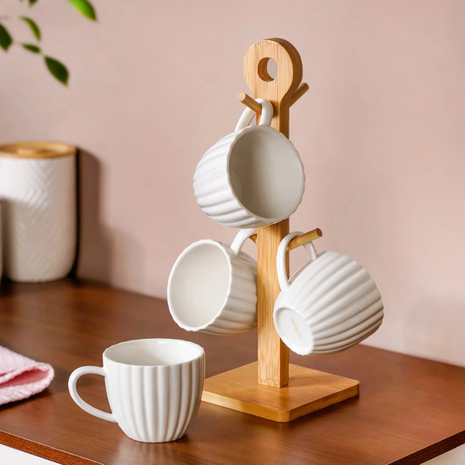 Ribbed White Cup And Stand Set Of 5 200ml - Image 2