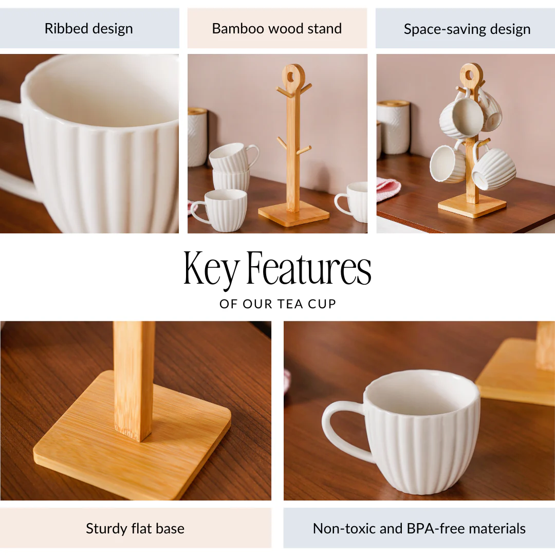 Ribbed White Cup And Stand Set Of 5 200ml - Image 5