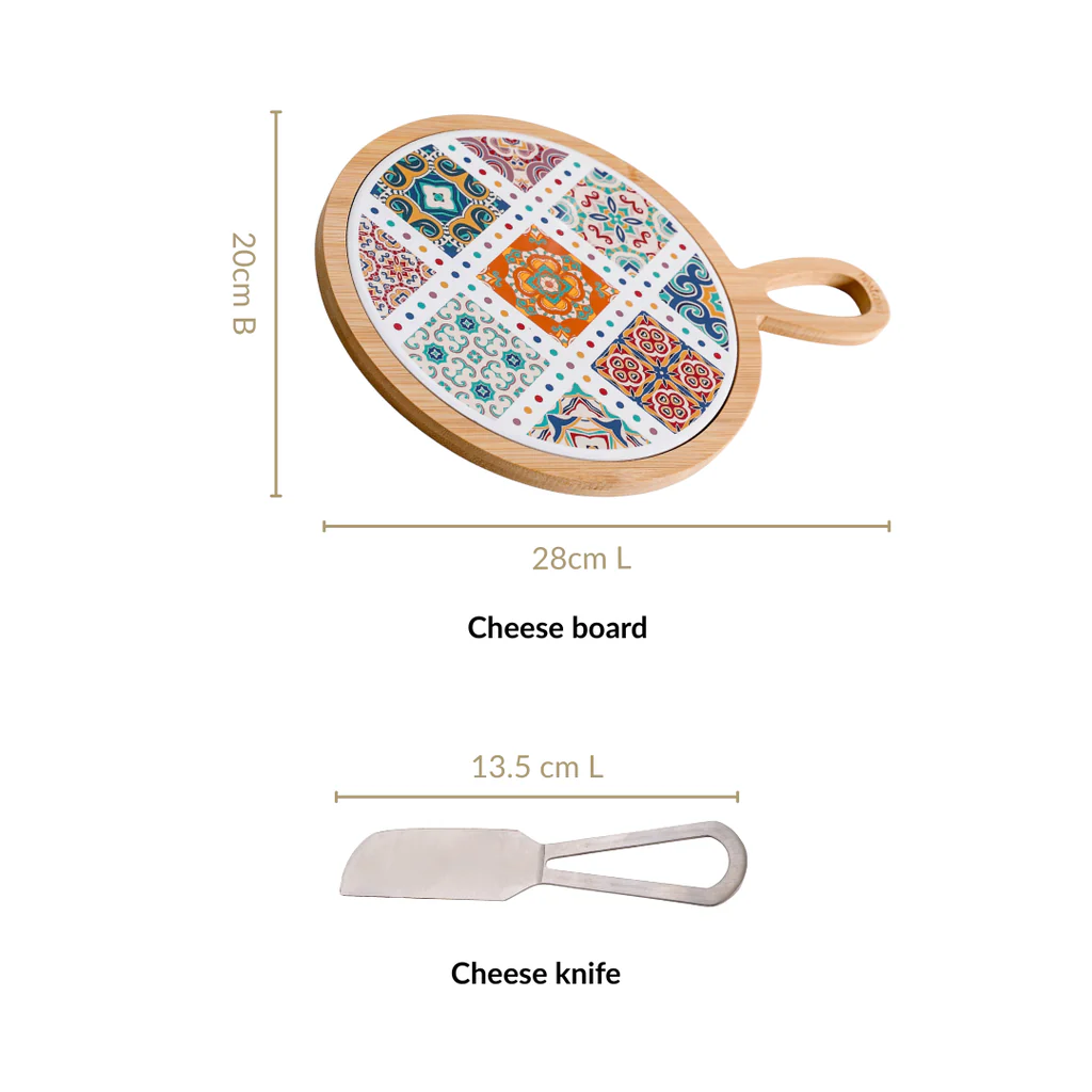 Round Moroccan Tile Pattern Cheeseboard With Knife 20cm - Image 4