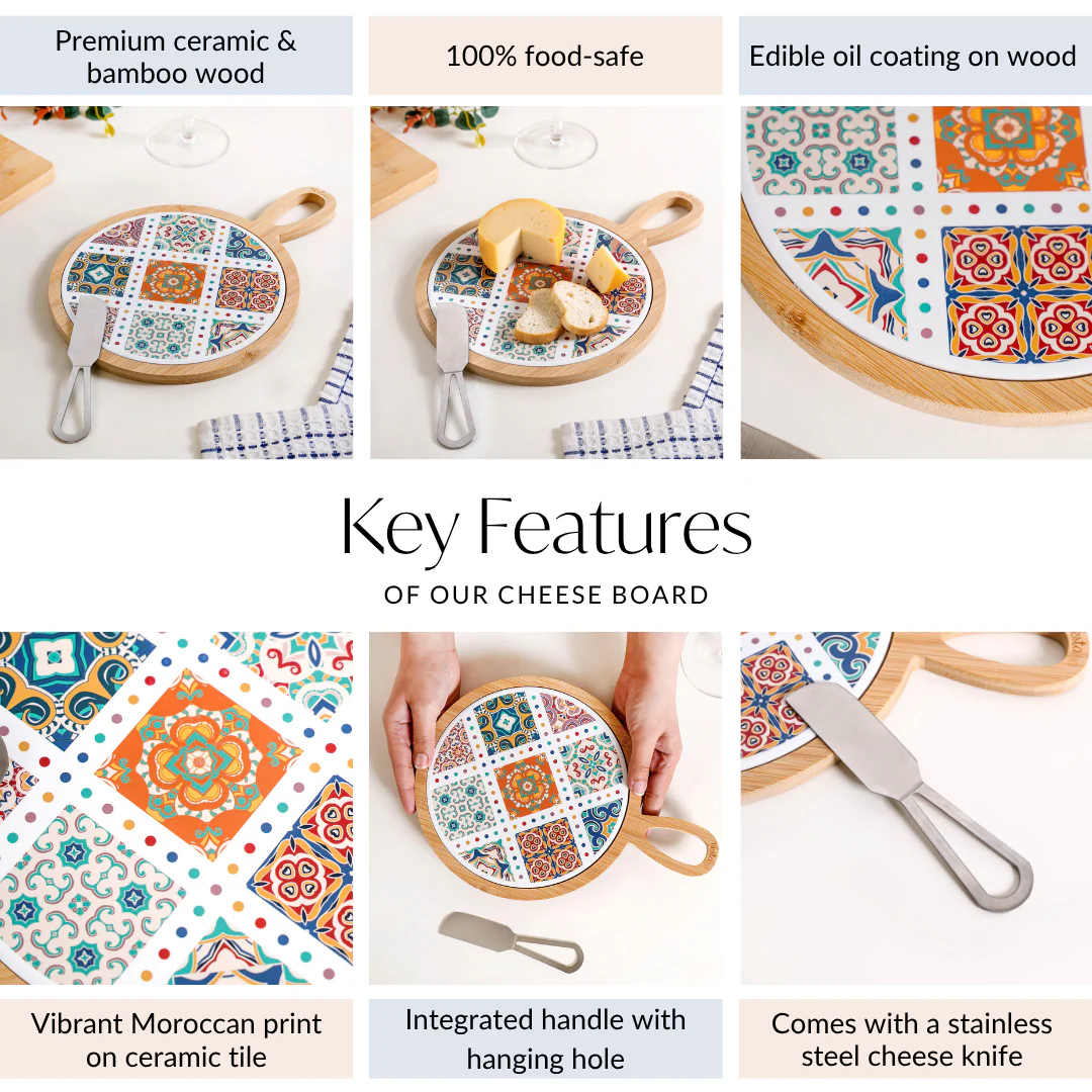 Round Moroccan Tile Pattern Cheeseboard With Knife 20cm - Image 5