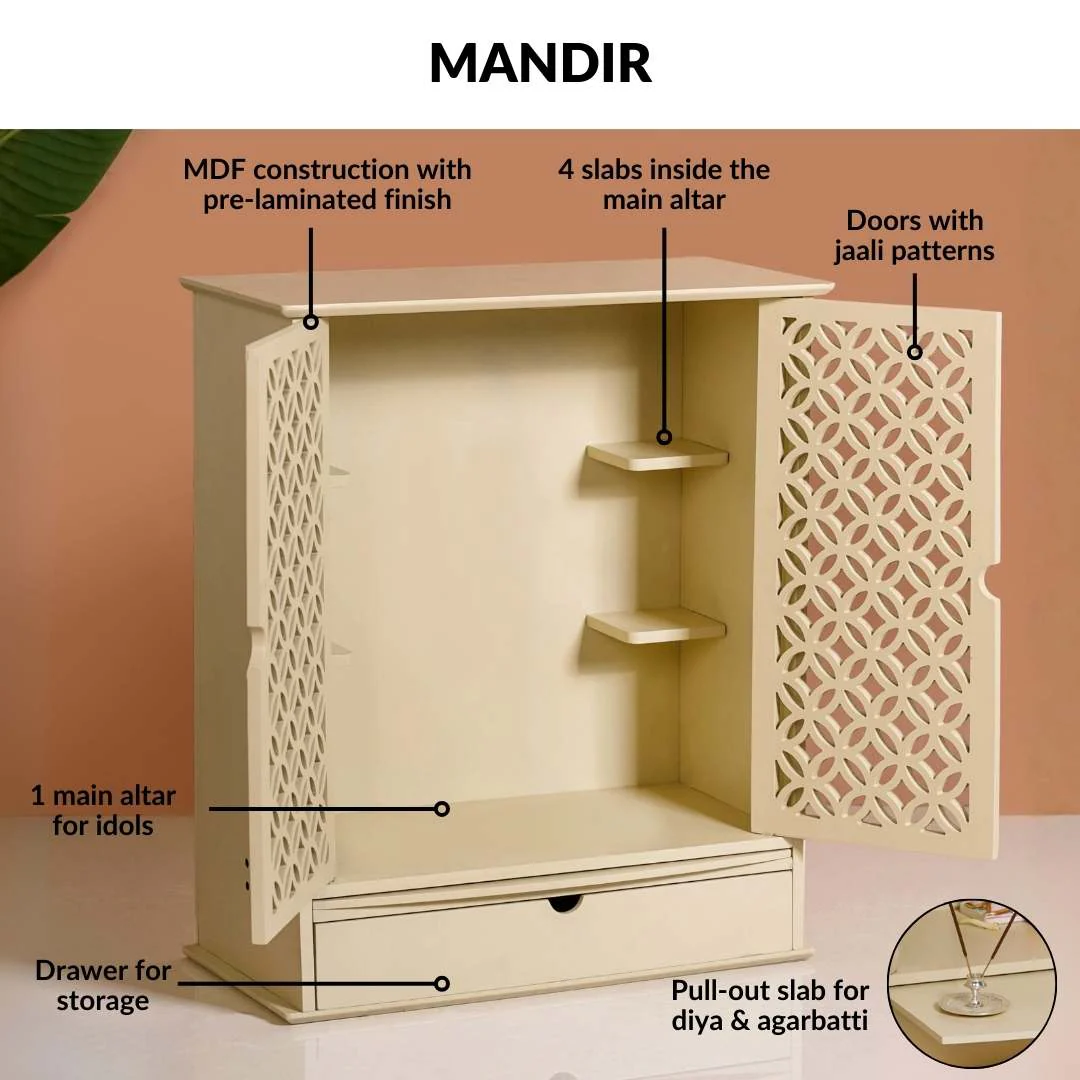 Sacred Pooja Mandir Large With Puja Thali Aasan And Ghanti - Image 9