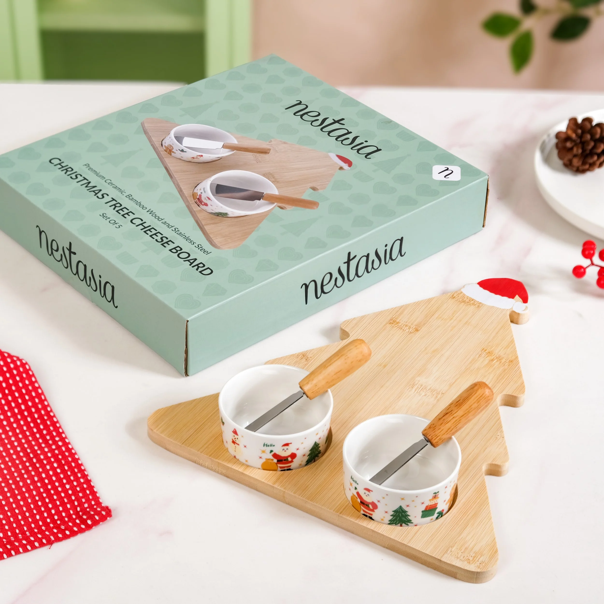 Santa Hat Tree Cheese Board With Bowls Spreader Knives Set Of 5 - Image 2