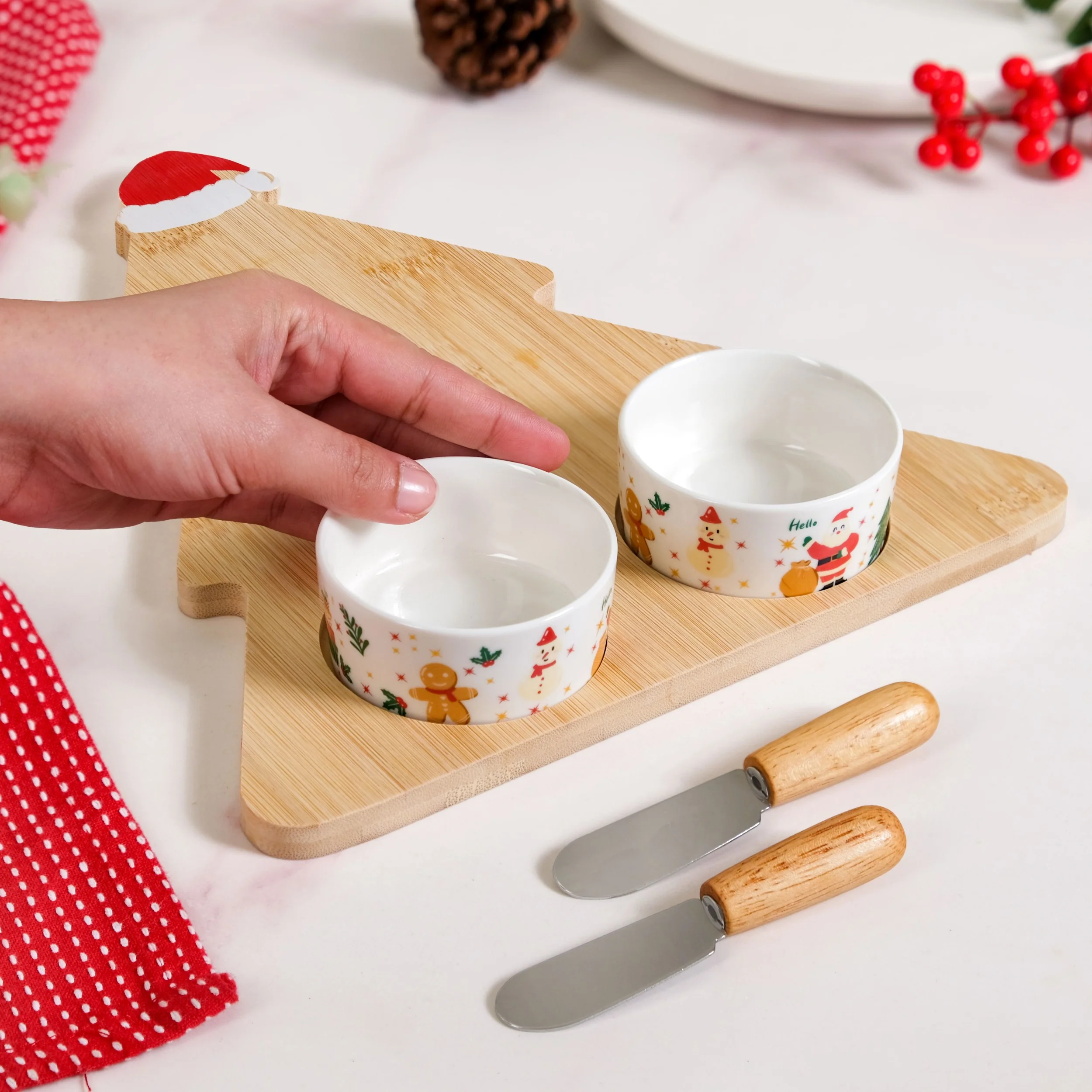 Santa Hat Tree Cheese Board With Bowls Spreader Knives Set Of 5 - Image 3