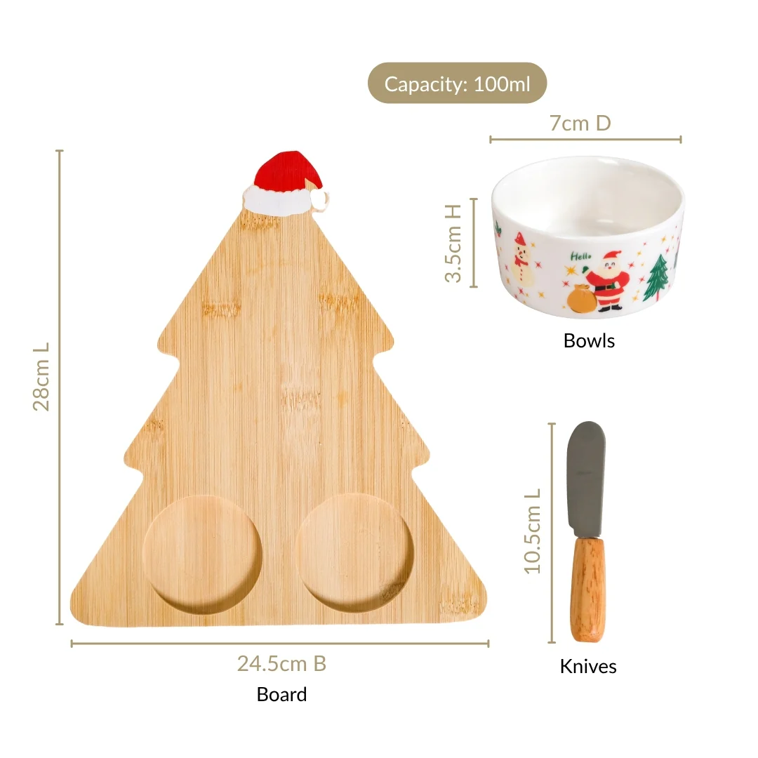 Santa Hat Tree Cheese Board With Bowls Spreader Knives Set Of 5 - Image 4
