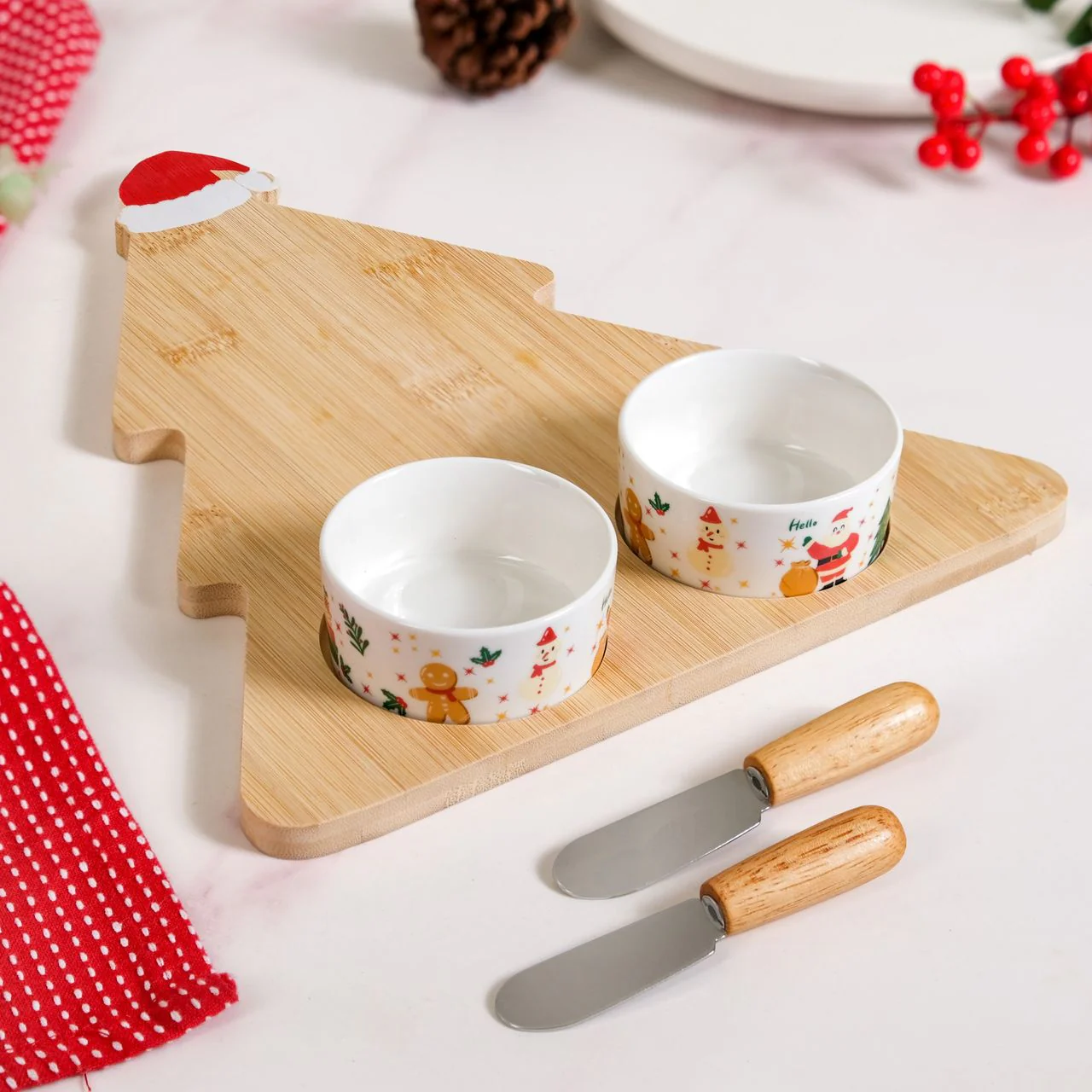 Santa Hat Tree Cheese Board With Bowls Spreader Knives Set Of 5 - Image 8