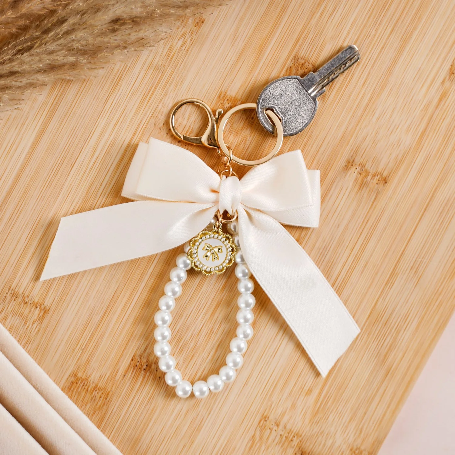 Satin Bow Keychain With Pearl Dangler - Image 3