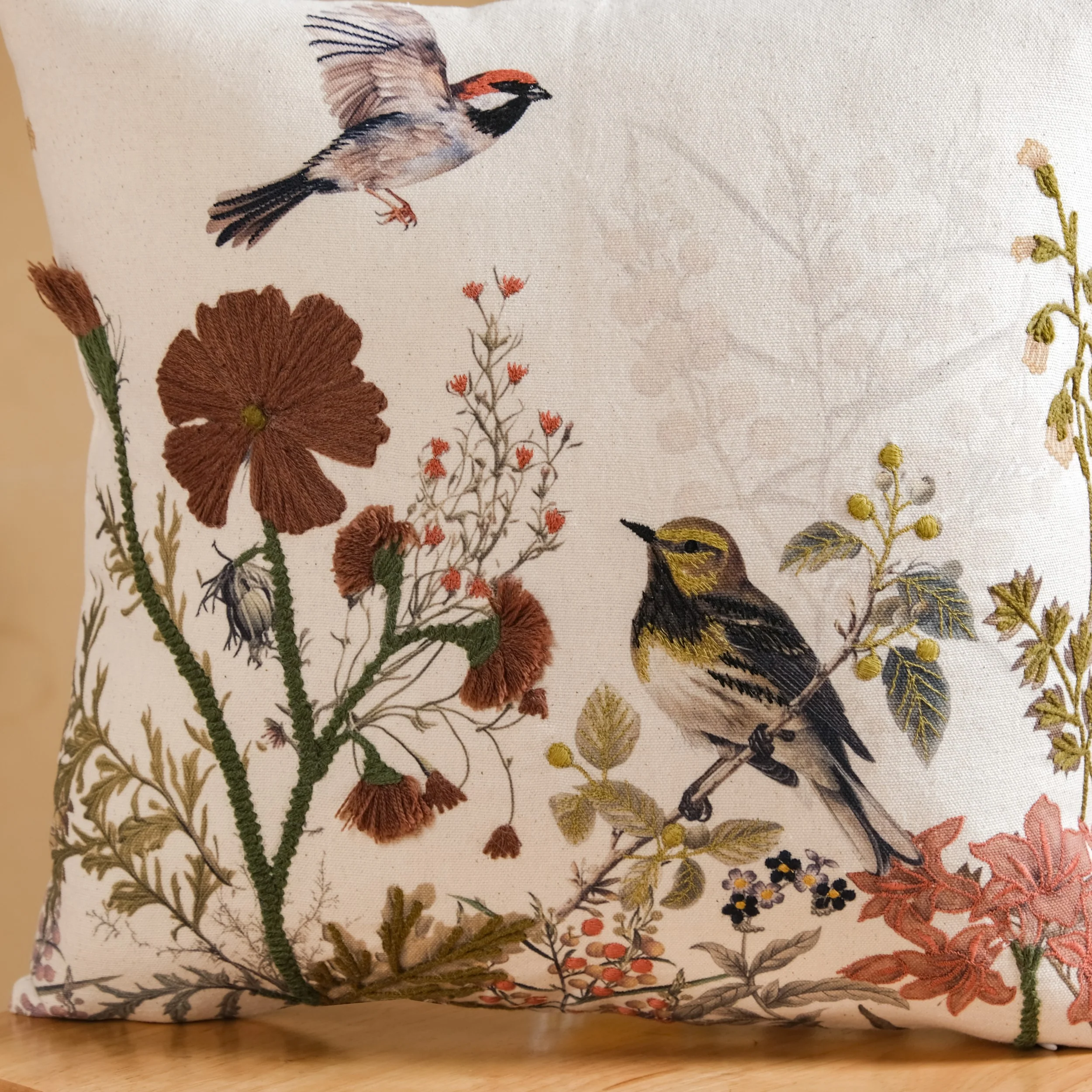 Serene Songbird Embroidered Cotton Cushion Cover 40x40cm - Image 2