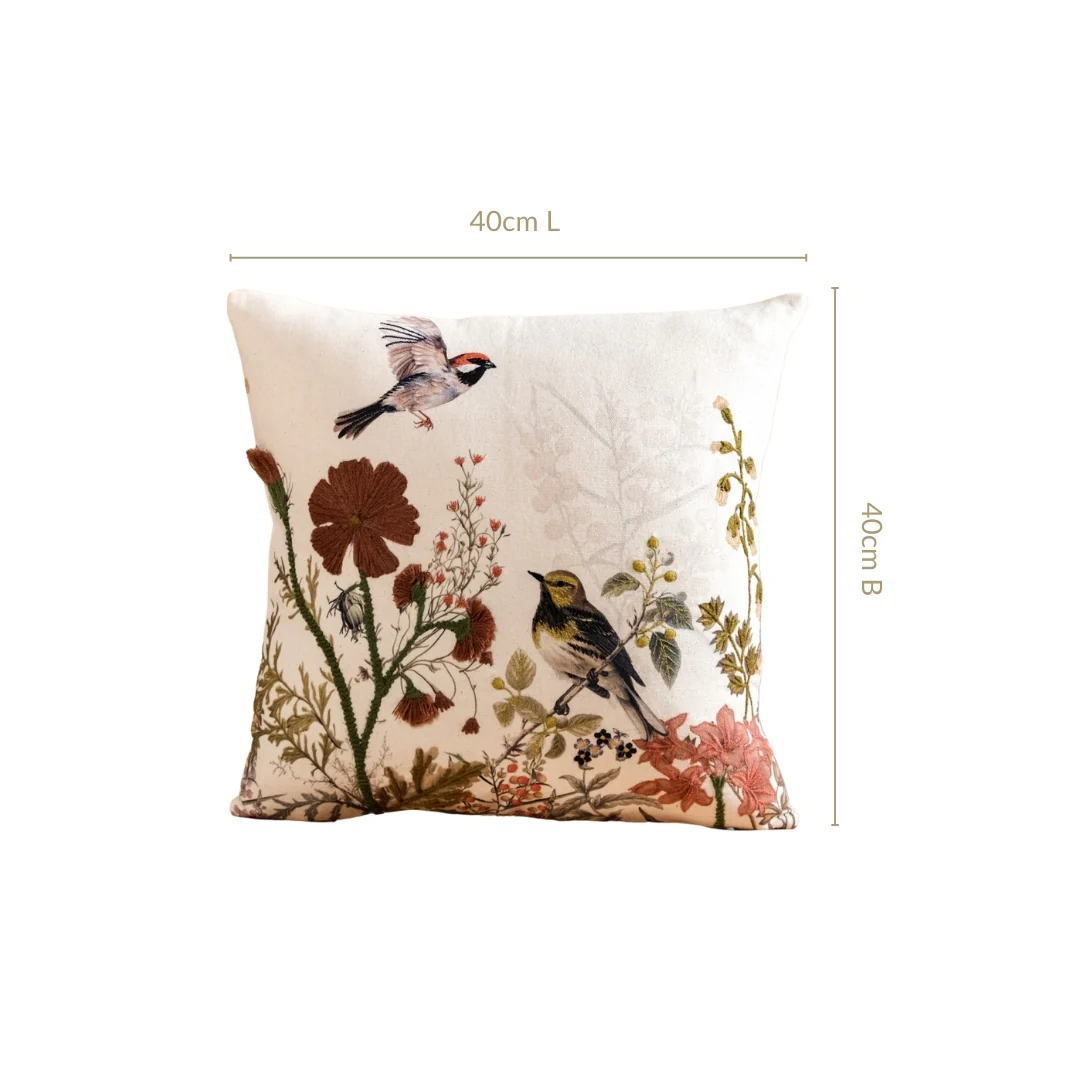 Serene Songbird Embroidered Cotton Cushion Cover 40x40cm - Image 3