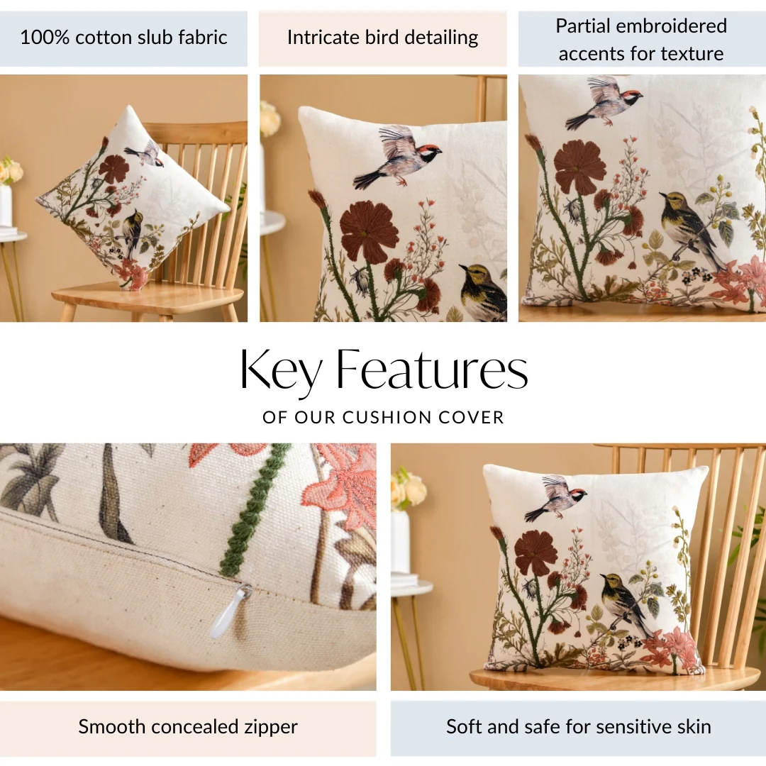 Serene Songbird Embroidered Cotton Cushion Cover 40x40cm - Image 4
